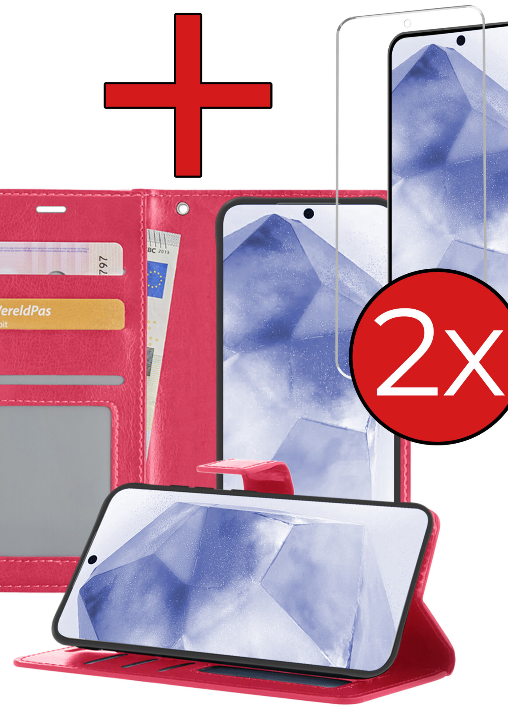 BTH Hoesje Geschikt voor Samsung A55 Hoesje Book Case Hoes Portemonnee Cover Walletcase Met 2x Screenprotector - Hoes Geschikt voor Samsung Galaxy A55 Hoes Bookcase Hoesje - Donkerroze