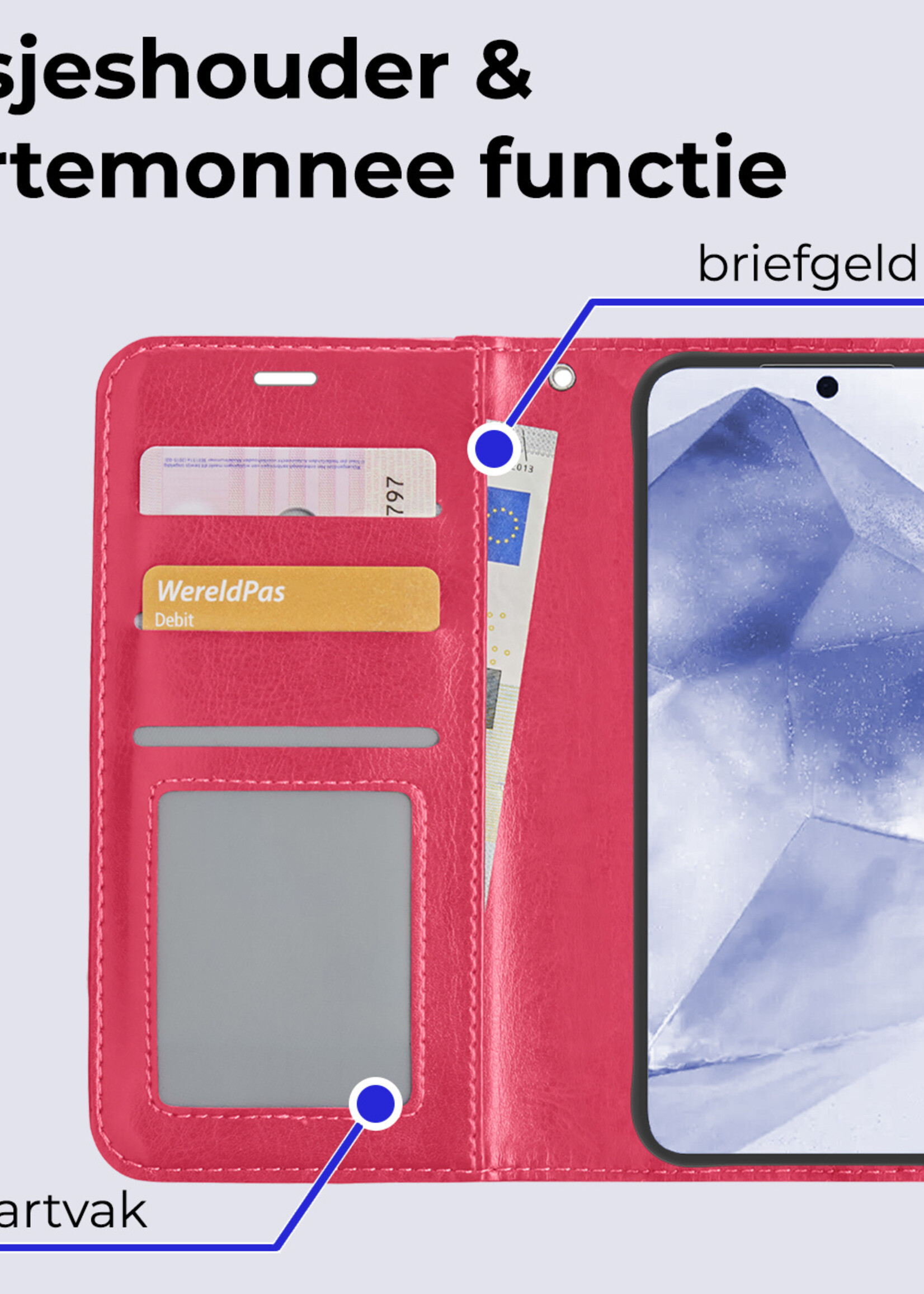 BTH Hoesje Geschikt voor Samsung A55 Hoesje Book Case Hoes Portemonnee Cover Walletcase Met 2x Screenprotector - Hoes Geschikt voor Samsung Galaxy A55 Hoes Bookcase Hoesje - Donkerroze
