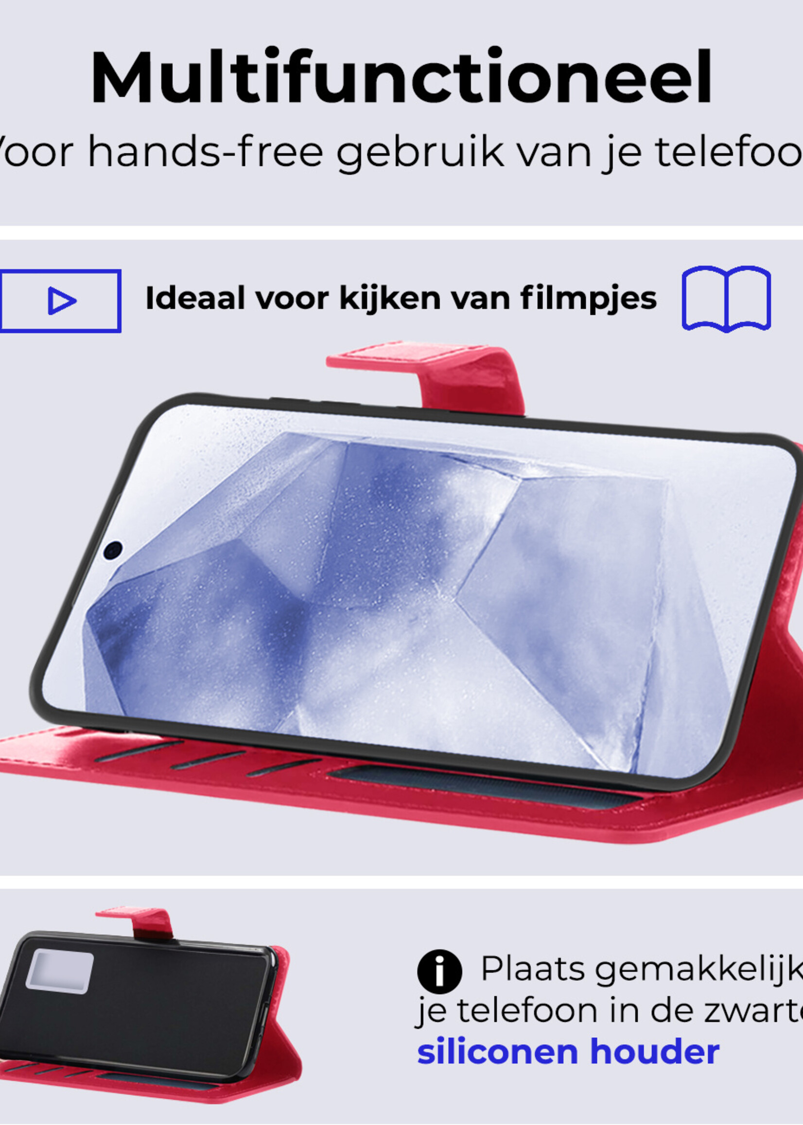 BTH Hoesje Geschikt voor Samsung A55 Hoesje Book Case Hoes Portemonnee Cover Walletcase Met 2x Screenprotector - Hoes Geschikt voor Samsung Galaxy A55 Hoes Bookcase Hoesje - Donkerroze