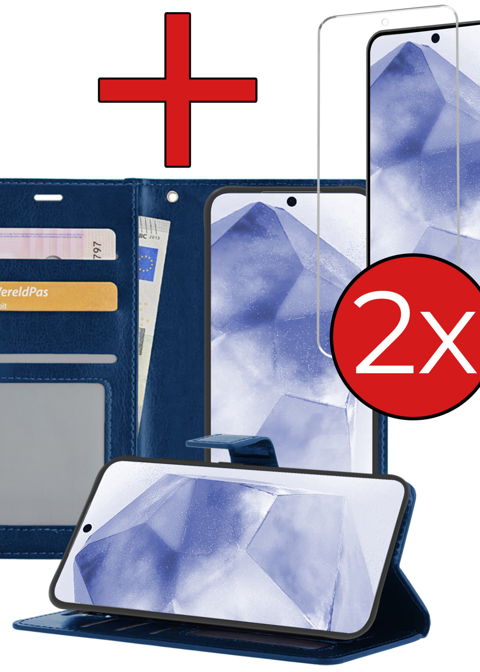 BTH Hoesje Geschikt voor Samsung A55 Hoesje Book Case Hoes Portemonnee Cover Walletcase Met 2x Screenprotector - Hoes Geschikt voor Samsung Galaxy A55 Hoes Bookcase Hoesje - Donkerblauw