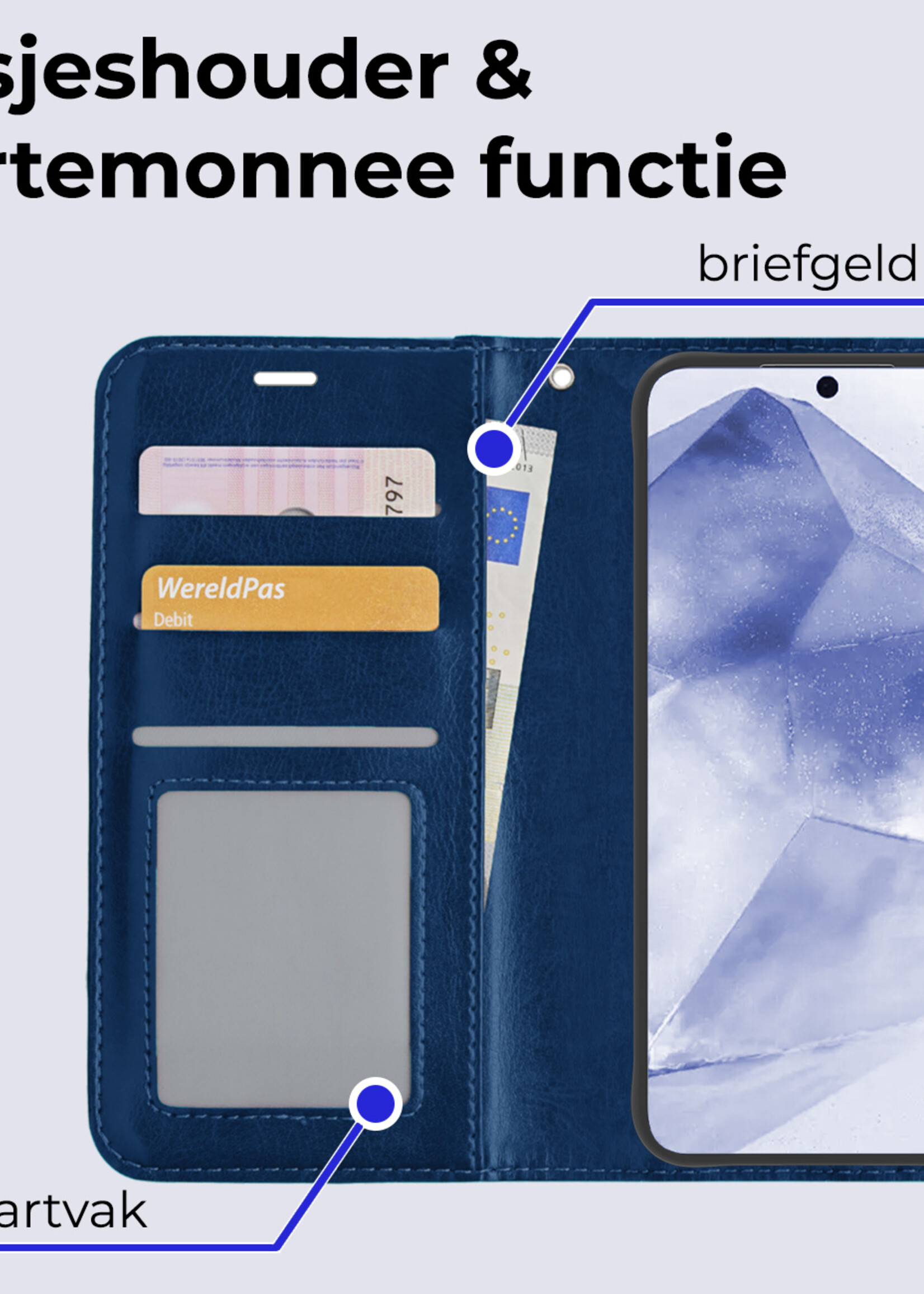 BTH Hoesje Geschikt voor Samsung A55 Hoesje Book Case Hoes Portemonnee Cover Walletcase Met 2x Screenprotector - Hoes Geschikt voor Samsung Galaxy A55 Hoes Bookcase Hoesje - Donkerblauw