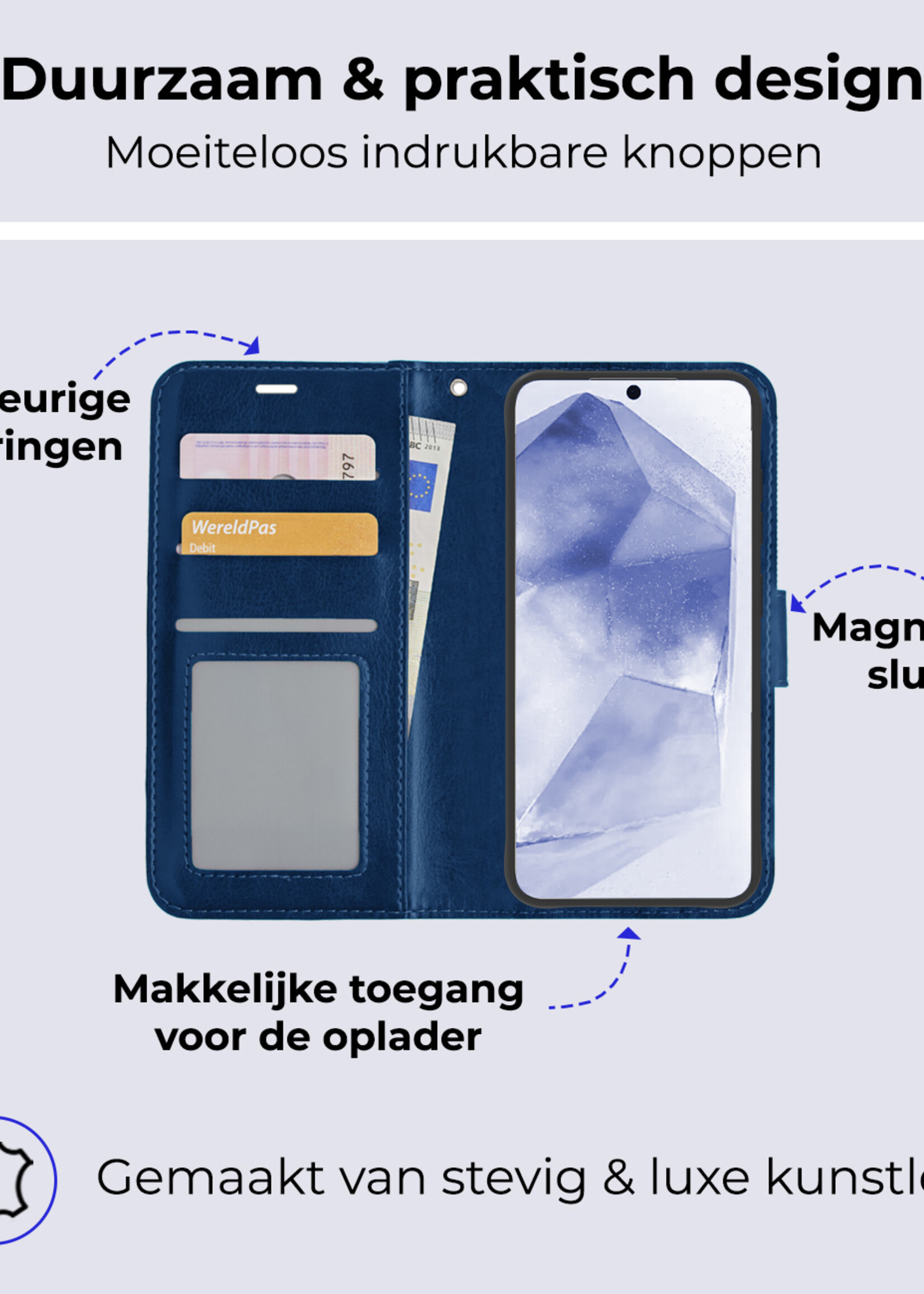 BTH Hoesje Geschikt voor Samsung A55 Hoesje Book Case Hoes Portemonnee Cover Walletcase Met 2x Screenprotector - Hoes Geschikt voor Samsung Galaxy A55 Hoes Bookcase Hoesje - Donkerblauw