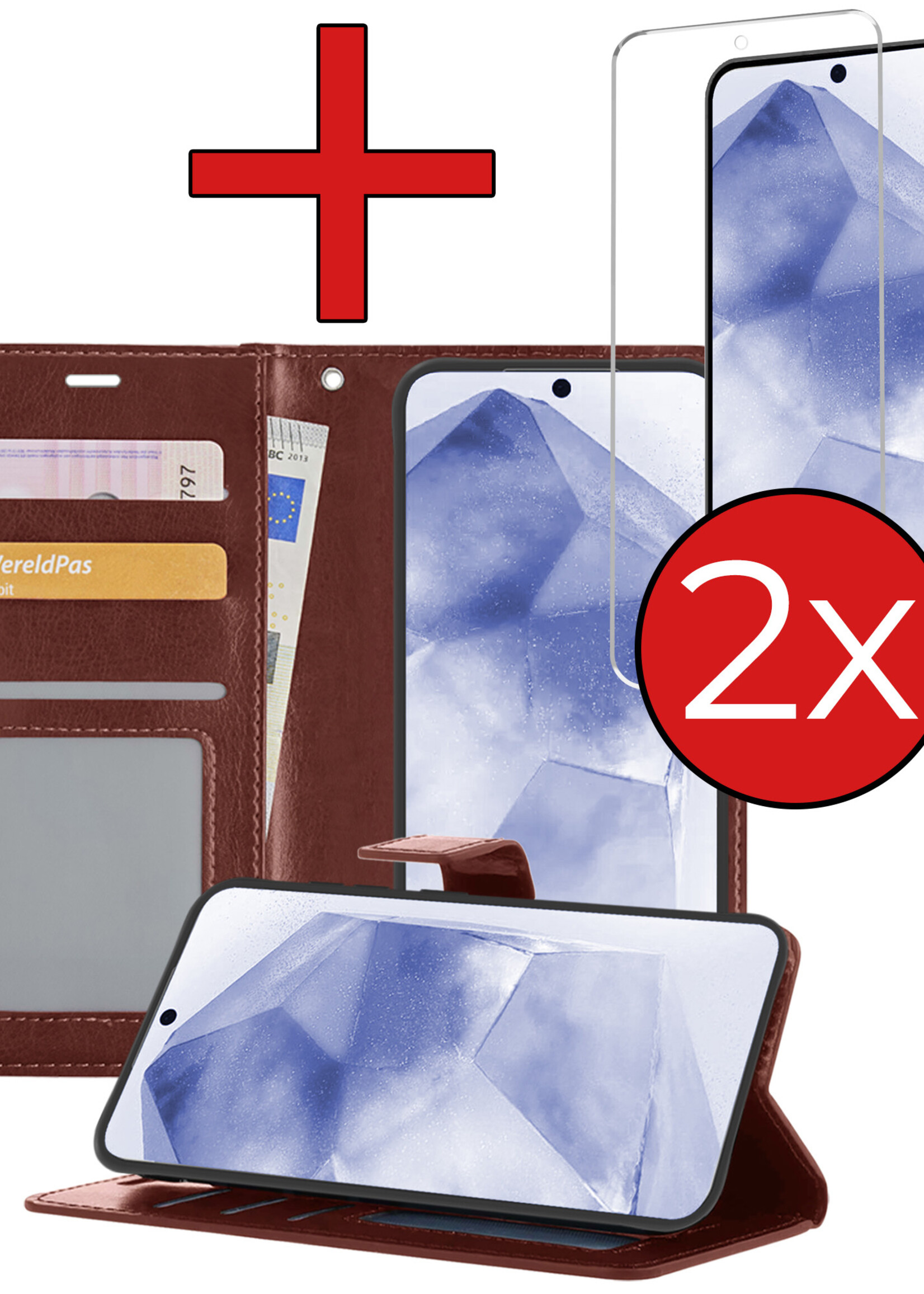 BTH Hoesje Geschikt voor Samsung A55 Hoesje Book Case Hoes Portemonnee Cover Walletcase Met 2x Screenprotector - Hoes Geschikt voor Samsung Galaxy A55 Hoes Bookcase Hoesje - Bruin
