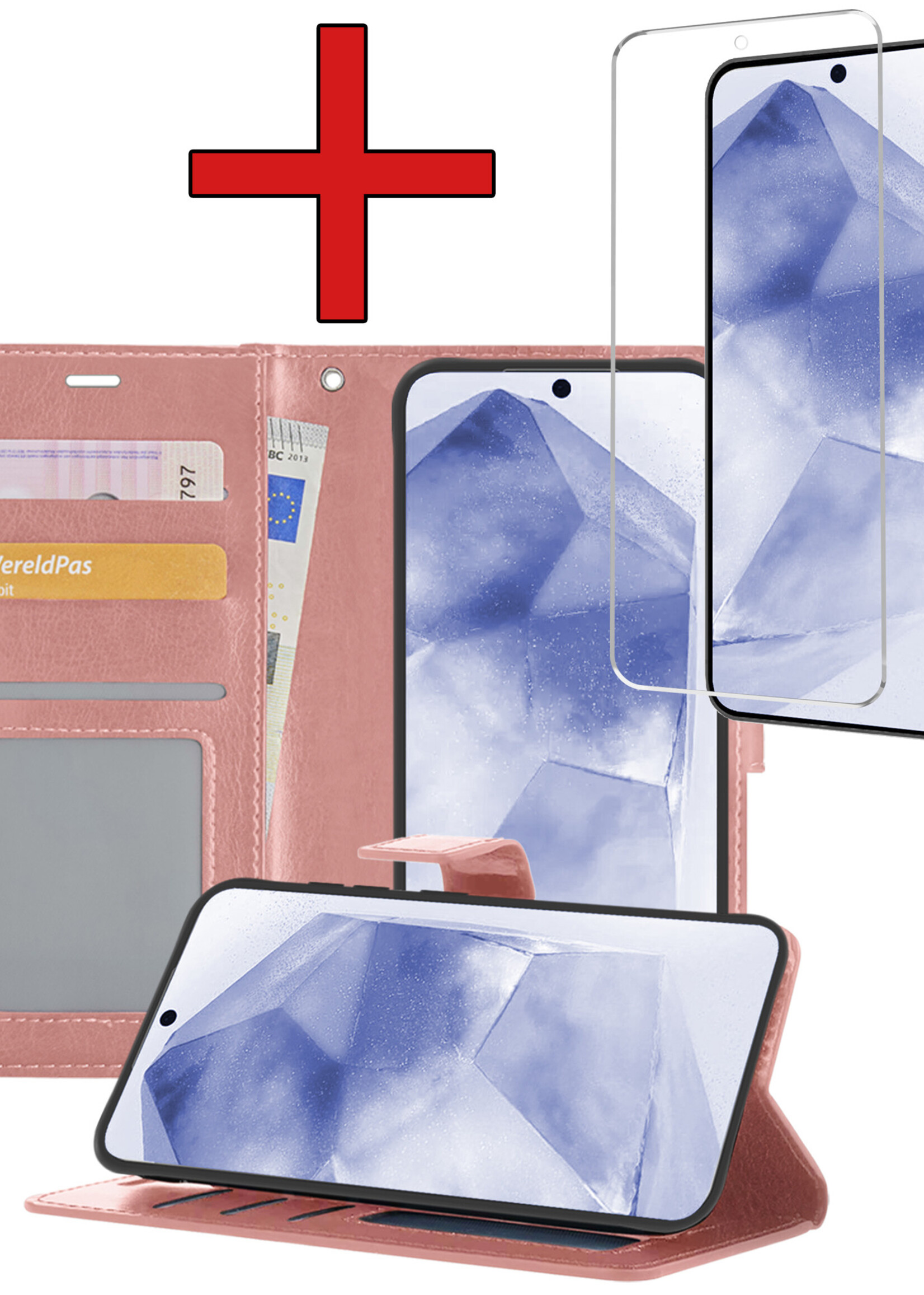 BTH Hoesje Geschikt voor Samsung A55 Hoesje Book Case Hoes Portemonnee Cover Walletcase Met Screenprotector - Hoes Geschikt voor Samsung Galaxy A55 Hoes Bookcase Hoesje - Rosé goud