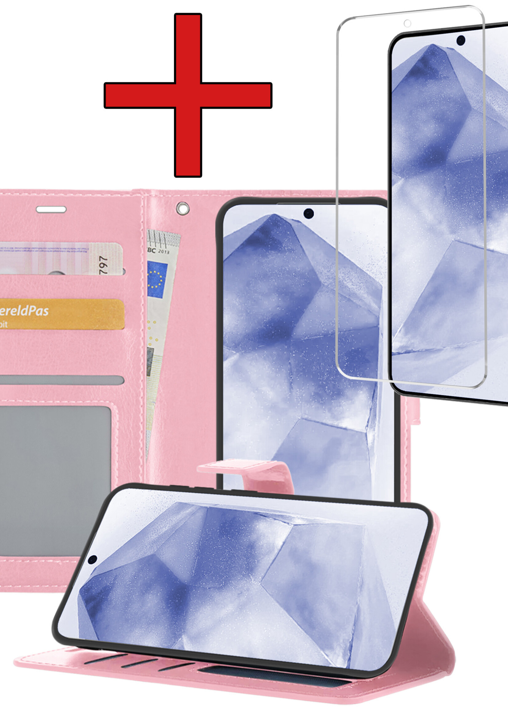 BTH Hoesje Geschikt voor Samsung A55 Hoesje Book Case Hoes Portemonnee Cover Walletcase Met Screenprotector - Hoes Geschikt voor Samsung Galaxy A55 Hoes Bookcase Hoesje - Lichtroze