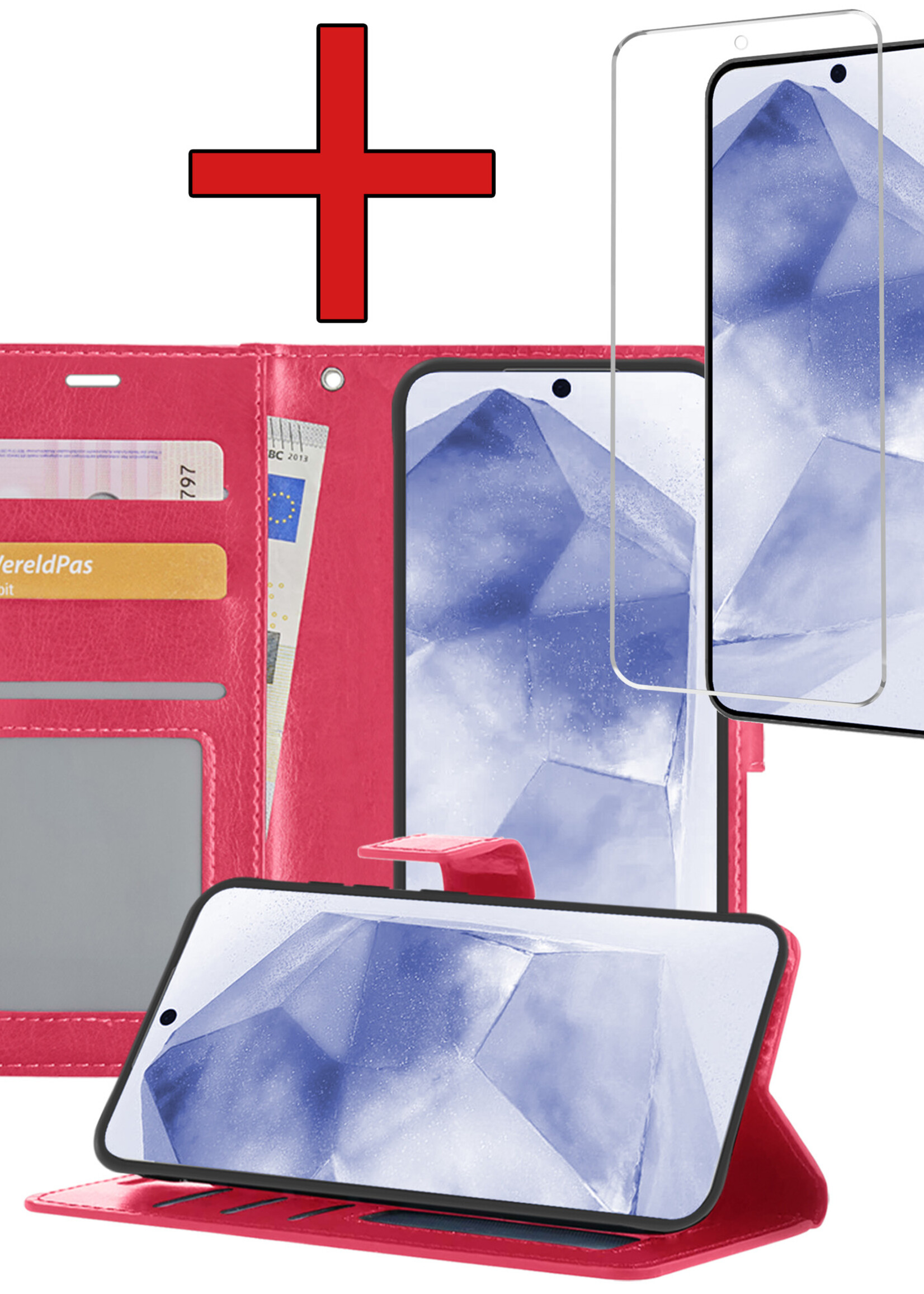 BTH Hoesje Geschikt voor Samsung A55 Hoesje Book Case Hoes Portemonnee Cover Walletcase Met Screenprotector - Hoes Geschikt voor Samsung Galaxy A55 Hoes Bookcase Hoesje - Donkerroze