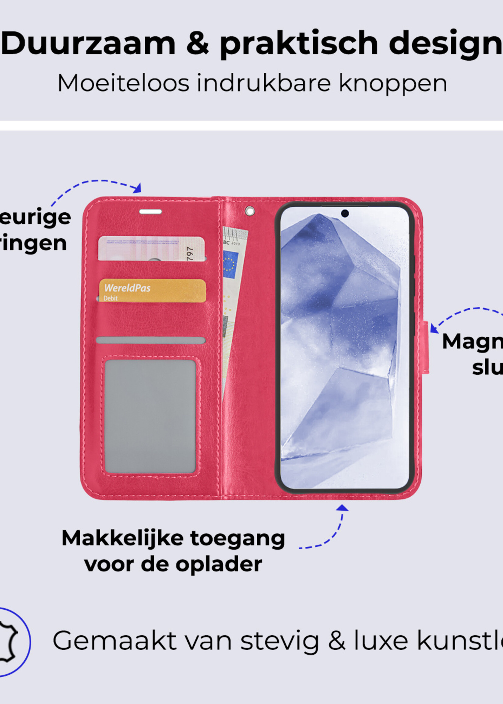BTH Hoesje Geschikt voor Samsung A55 Hoesje Book Case Hoes Portemonnee Cover Walletcase Met Screenprotector - Hoes Geschikt voor Samsung Galaxy A55 Hoes Bookcase Hoesje - Donkerroze