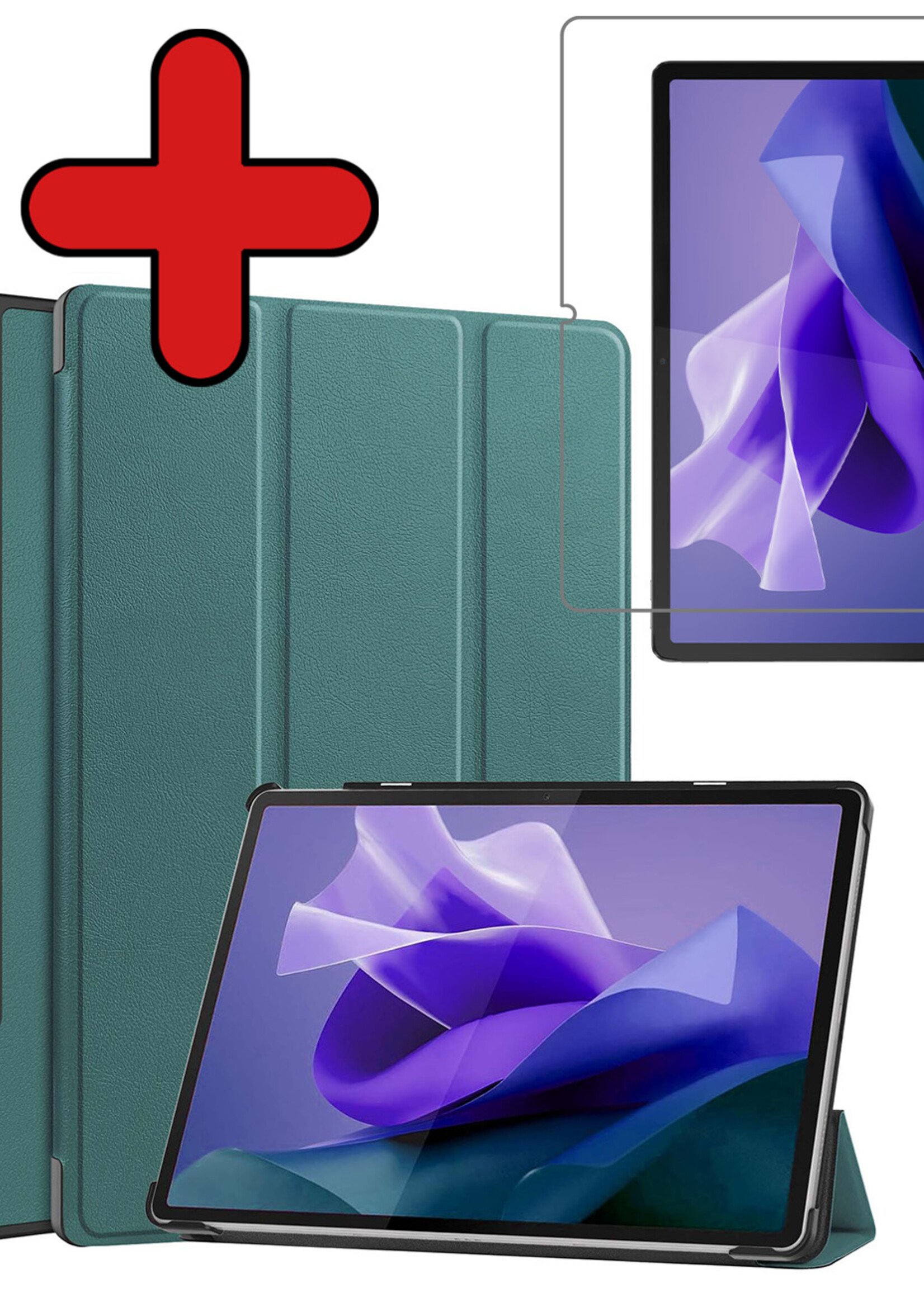 BTH Hoes Geschikt voor Lenovo Tab P12 Hoes Book Case Hoesje Trifold Cover Met Uitsparing Geschikt voor Lenovo Pen Met Screenprotector - Hoesje Geschikt voor Lenovo Tab P12 Hoesje Bookcase - Donkergroen