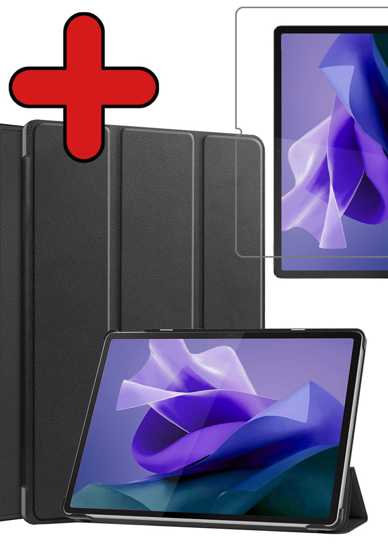 BTH Hoes Geschikt voor Lenovo Tab P12 Hoes Book Case Hoesje Trifold Cover Met Uitsparing Geschikt voor Lenovo Pen Met Screenprotector - Hoesje Geschikt voor Lenovo Tab P12 Hoesje Bookcase - Zwart