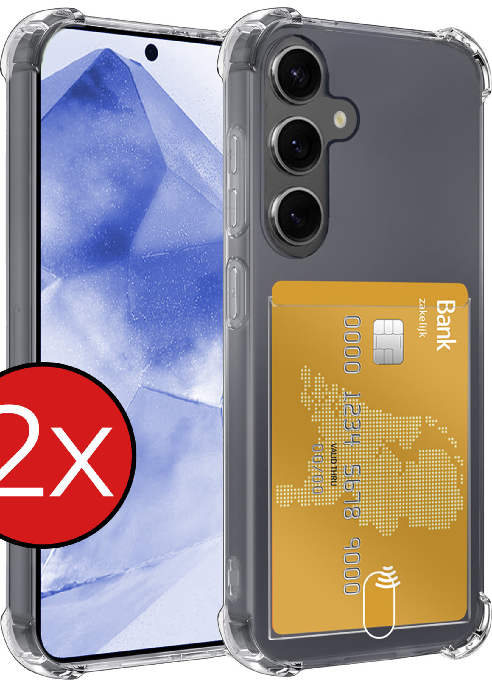 BTH Hoesje Geschikt voor Samsung A55 Hoesje Met Pasjeshouder Siliconen Case Met Kaarthouder - Hoes Geschikt voor Samsung Galaxy A55 Hoesje Shock Proof Case - Transparant - 2 PACK