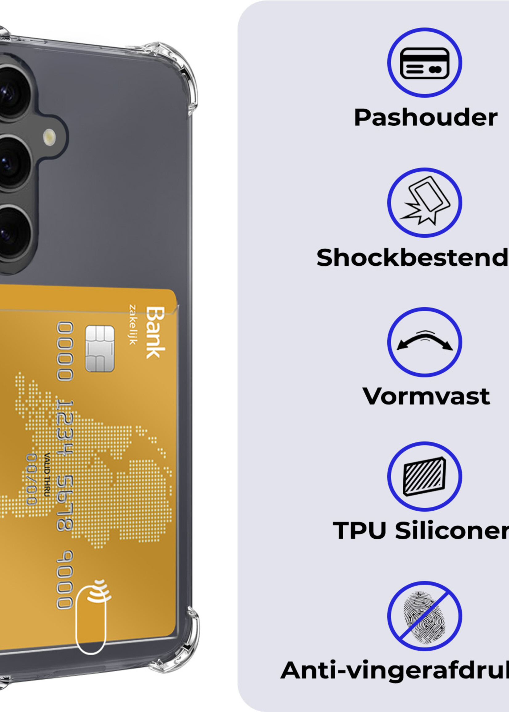 BTH Hoesje Geschikt voor Samsung A55 Hoesje Met Pasjeshouder Siliconen Case Met Kaarthouder - Hoes Geschikt voor Samsung Galaxy A55 Hoesje Shock Proof Case - Transparant - 2 PACK