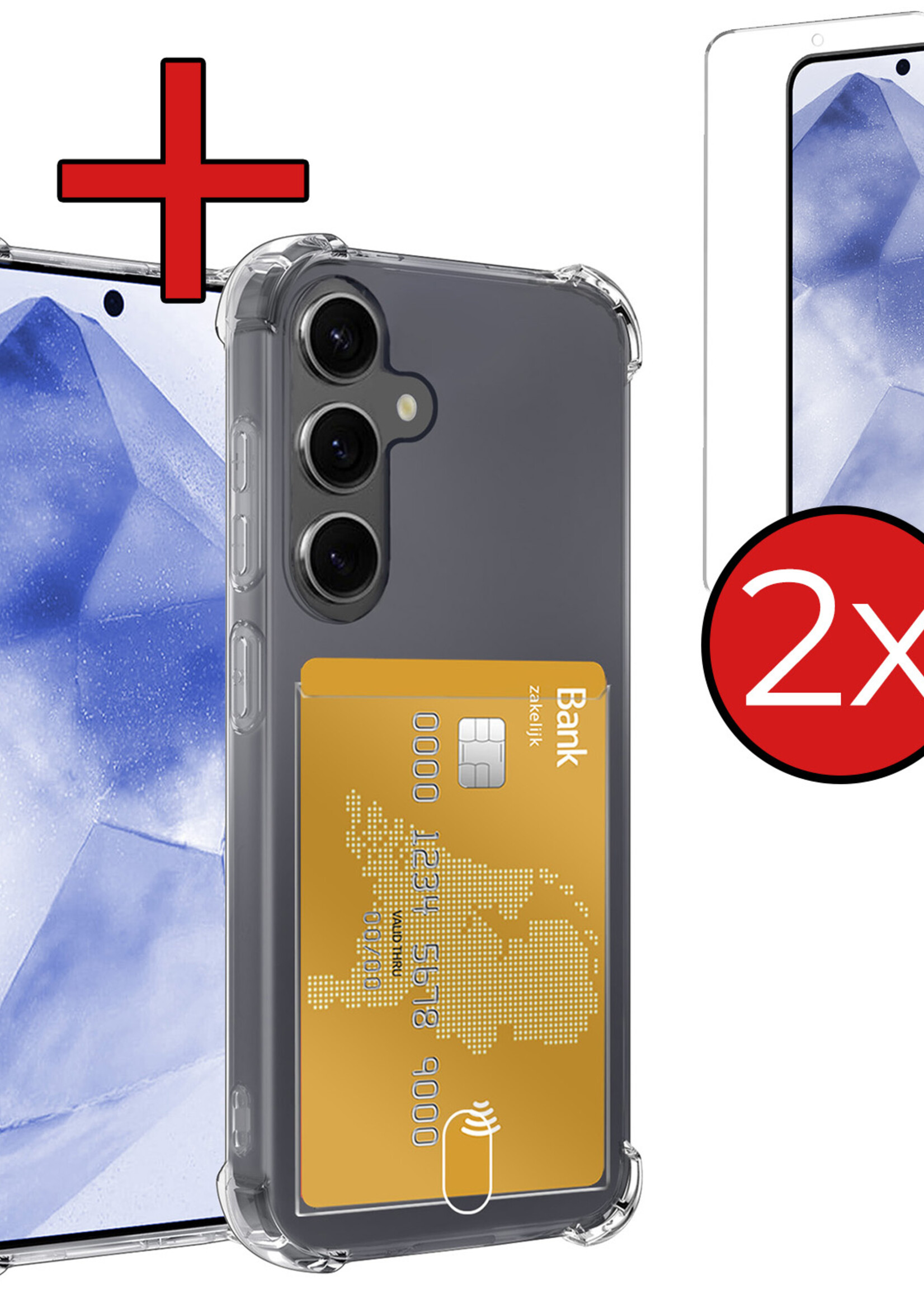 BTH Hoesje Geschikt voor Samsung A55 Hoesje Met Pasjeshouder Siliconen Case Met Kaarthouder Met 2x Screenprotector - Hoes Geschikt voor Samsung Galaxy A55 Hoesje Shock Proof Case - Transparant