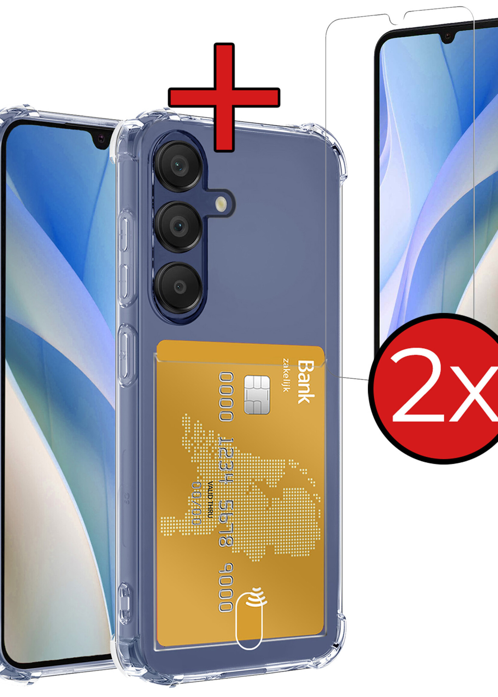 BTH Hoesje Geschikt voor Samsung A15 Hoesje Met Pasjeshouder Siliconen Case Met Kaarthouder Met 2x Screenprotector - Hoes Geschikt voor Samsung Galaxy A15 Hoesje Shock Proof Case - Transparant