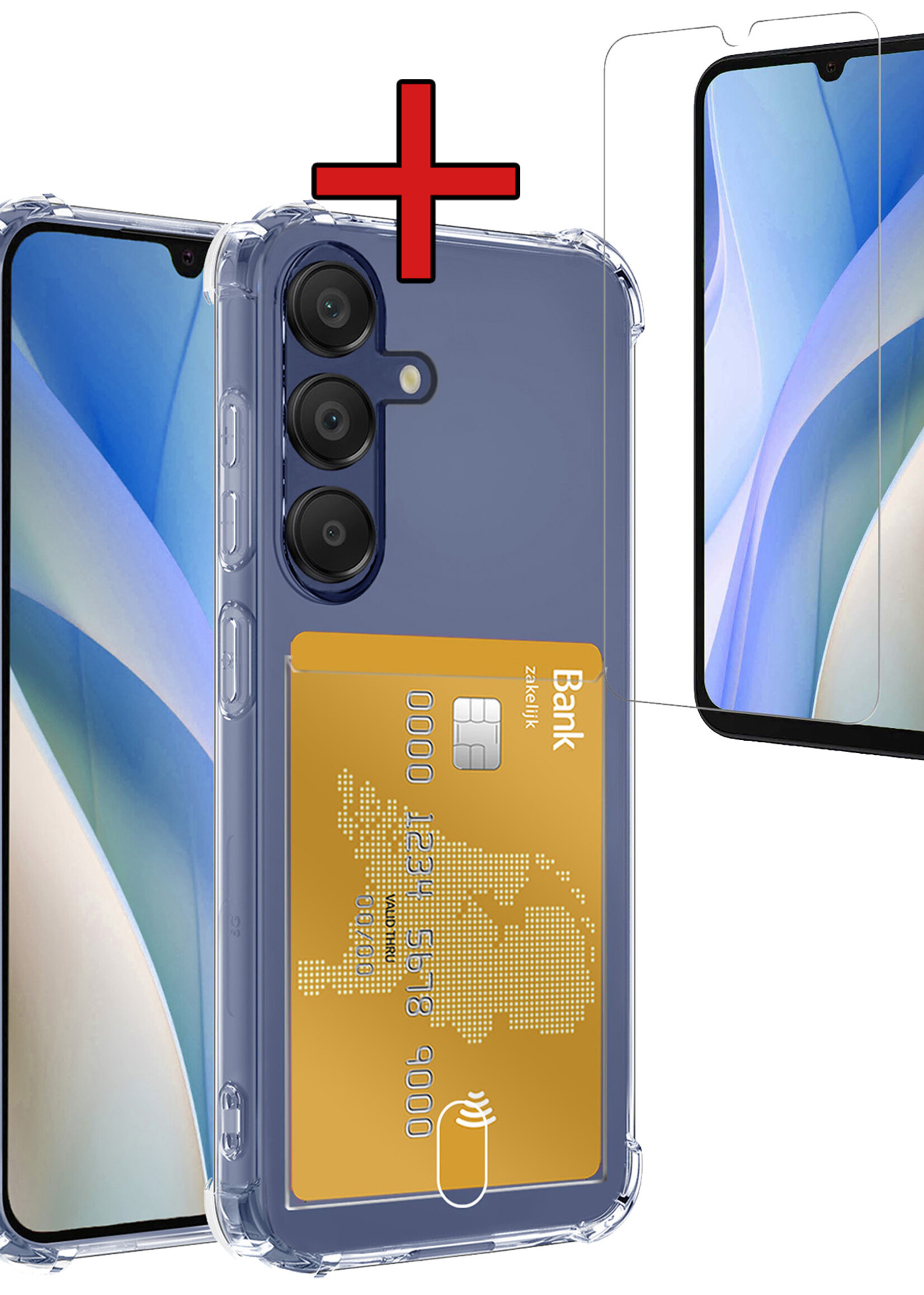 BTH Hoesje Geschikt voor Samsung A15 Hoesje Met Pasjeshouder Siliconen Case Met Kaarthouder Met Screenprotector - Hoes Geschikt voor Samsung Galaxy A15 Hoesje Shock Proof Case - Transparant