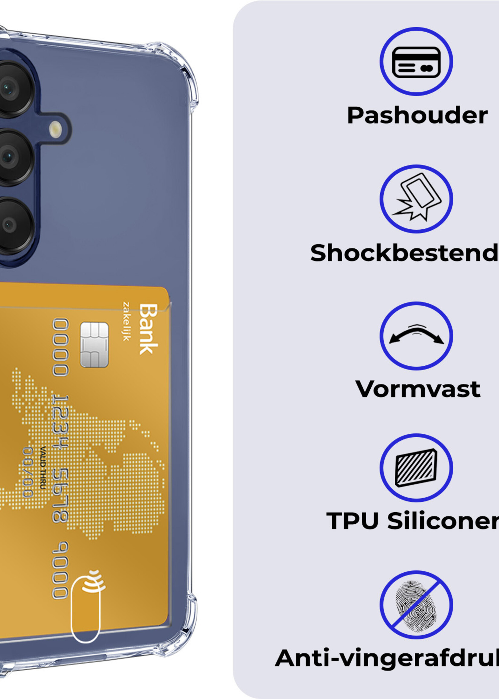BTH Hoesje Geschikt voor Samsung A15 Hoesje Met Pasjeshouder Siliconen Case Met Kaarthouder Met Screenprotector - Hoes Geschikt voor Samsung Galaxy A15 Hoesje Shock Proof Case - Transparant