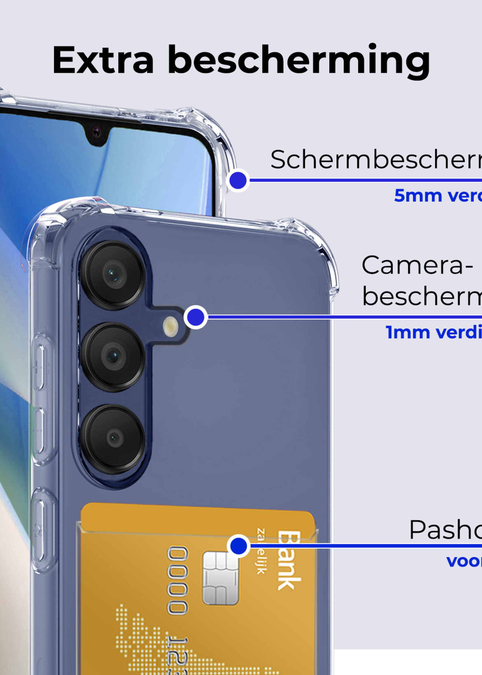 BTH Hoesje Geschikt voor Samsung A15 Hoesje Met Pasjeshouder Siliconen Case Met Kaarthouder Met Screenprotector - Hoes Geschikt voor Samsung Galaxy A15 Hoesje Shock Proof Case - Transparant