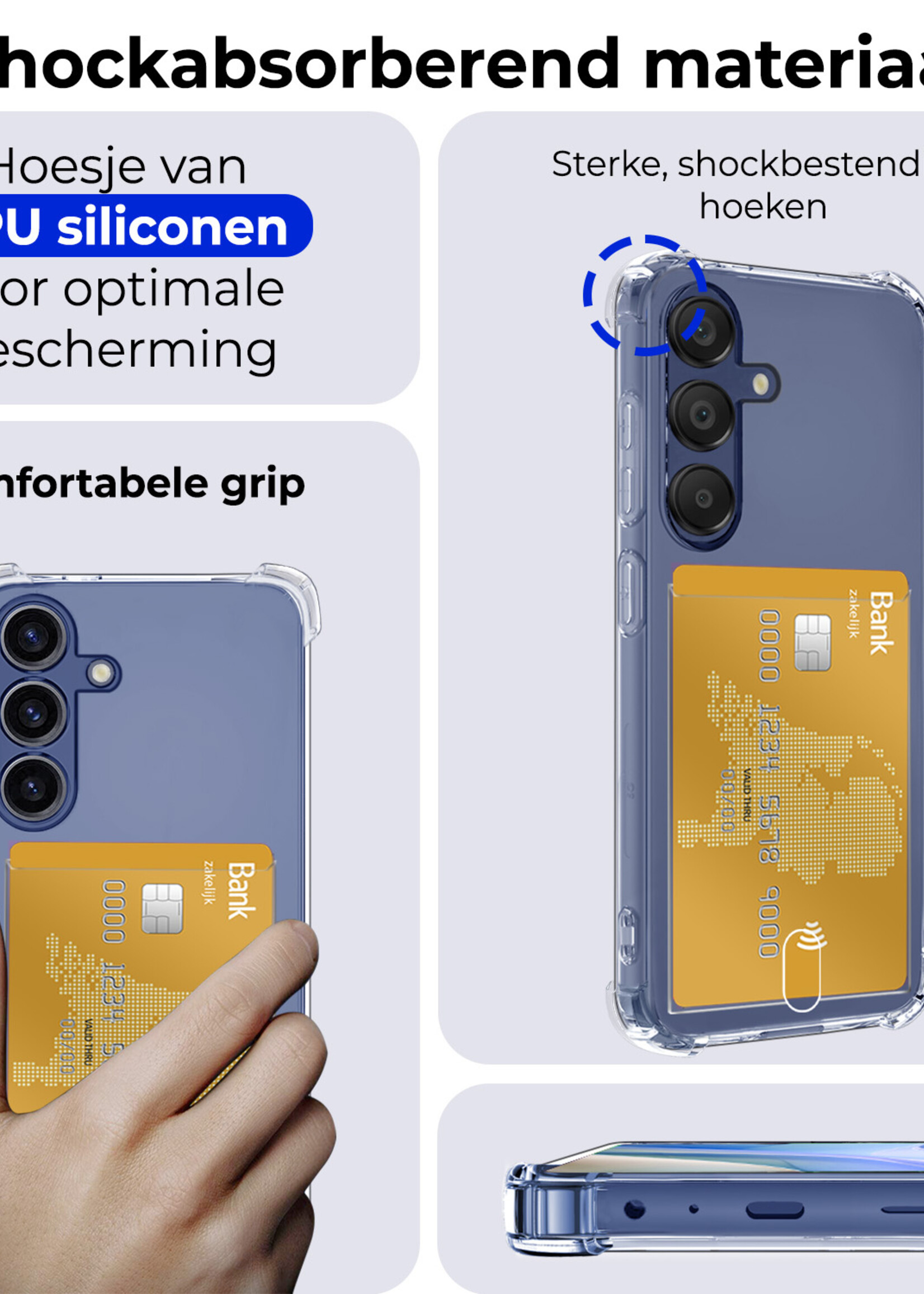 BTH Hoesje Geschikt voor Samsung A15 Hoesje Met Pasjeshouder Siliconen Case Met Kaarthouder Met Screenprotector - Hoes Geschikt voor Samsung Galaxy A15 Hoesje Shock Proof Case - Transparant
