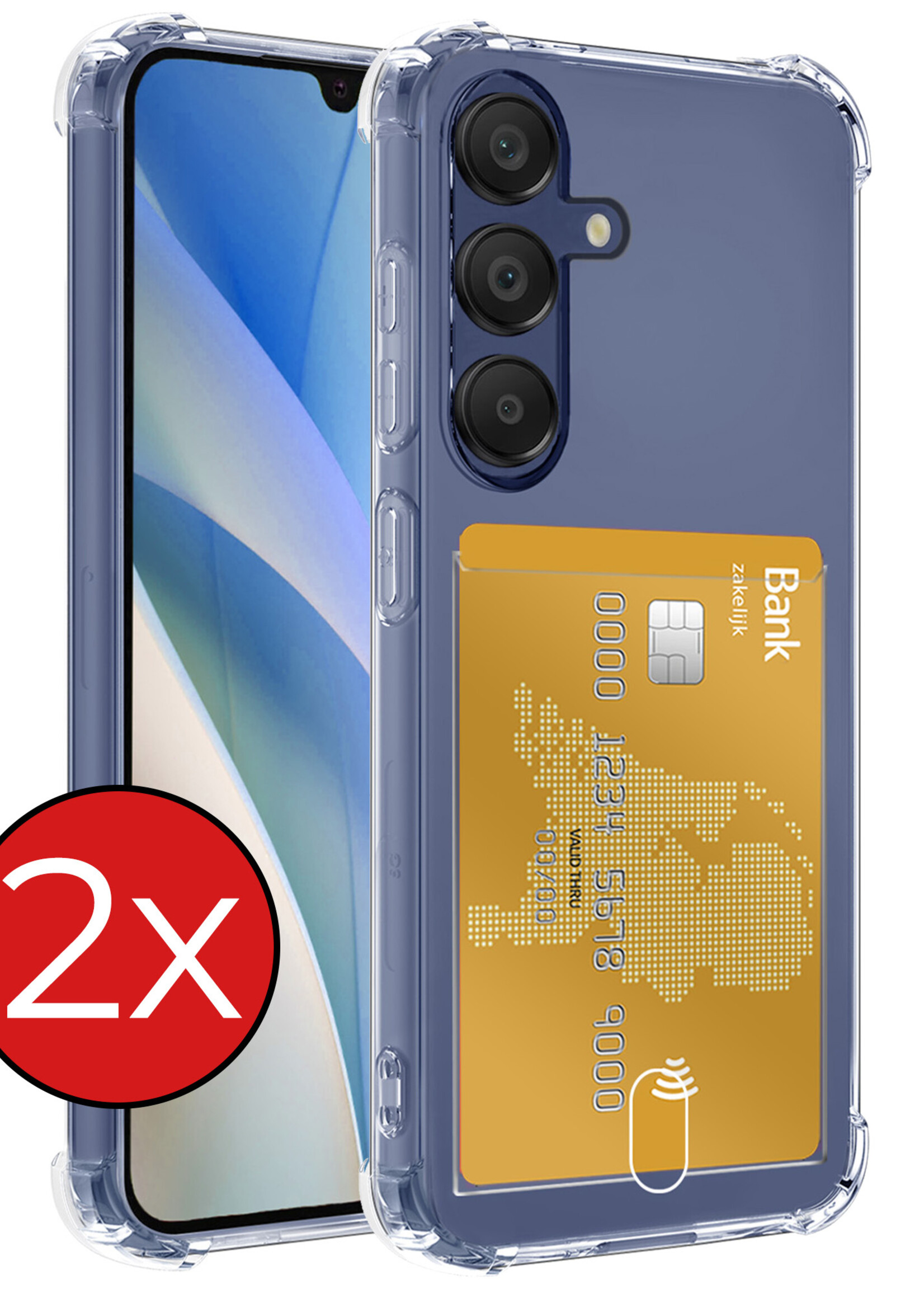 BTH Hoesje Geschikt voor Samsung A15 Hoesje Met Pasjeshouder Siliconen Case Met Kaarthouder - Hoes Geschikt voor Samsung Galaxy A15 Hoesje Shock Proof Case - Transparant - 2 PACK