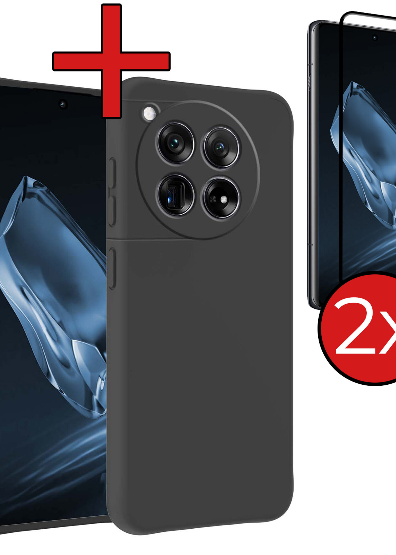 BTH Hoesje Geschikt voor OnePlus 12 Hoesje Siliconen Case Hoes Met 2x Screenprotector - Hoes Geschikt voor OnePlus 12 Hoes Cover Case - Zwart