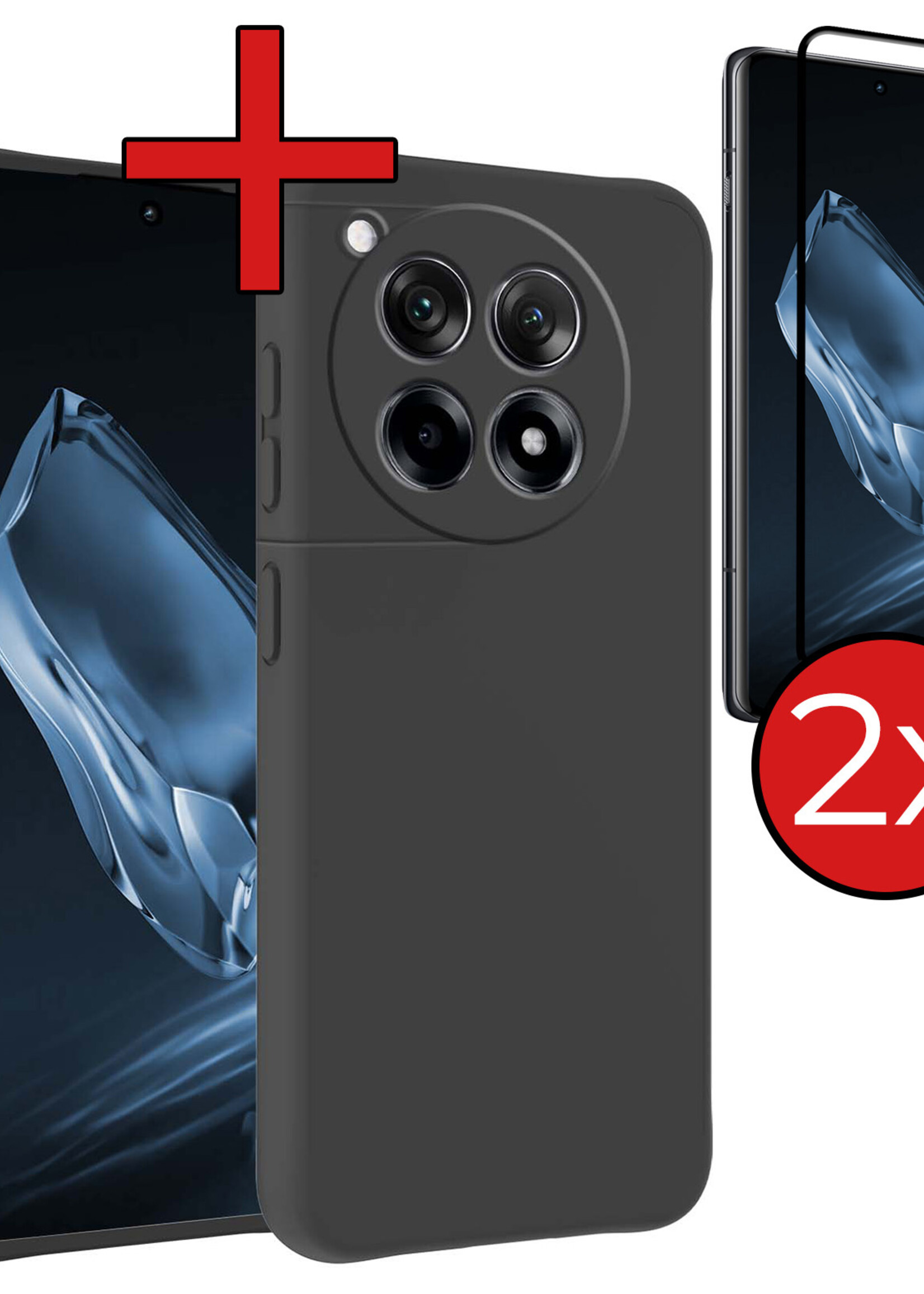 BTH Hoesje Geschikt voor OnePlus 12R Hoesje Siliconen Case Hoes Met 2x Screenprotector - Hoes Geschikt voor OnePlus 12R Hoes Cover Case - Zwart