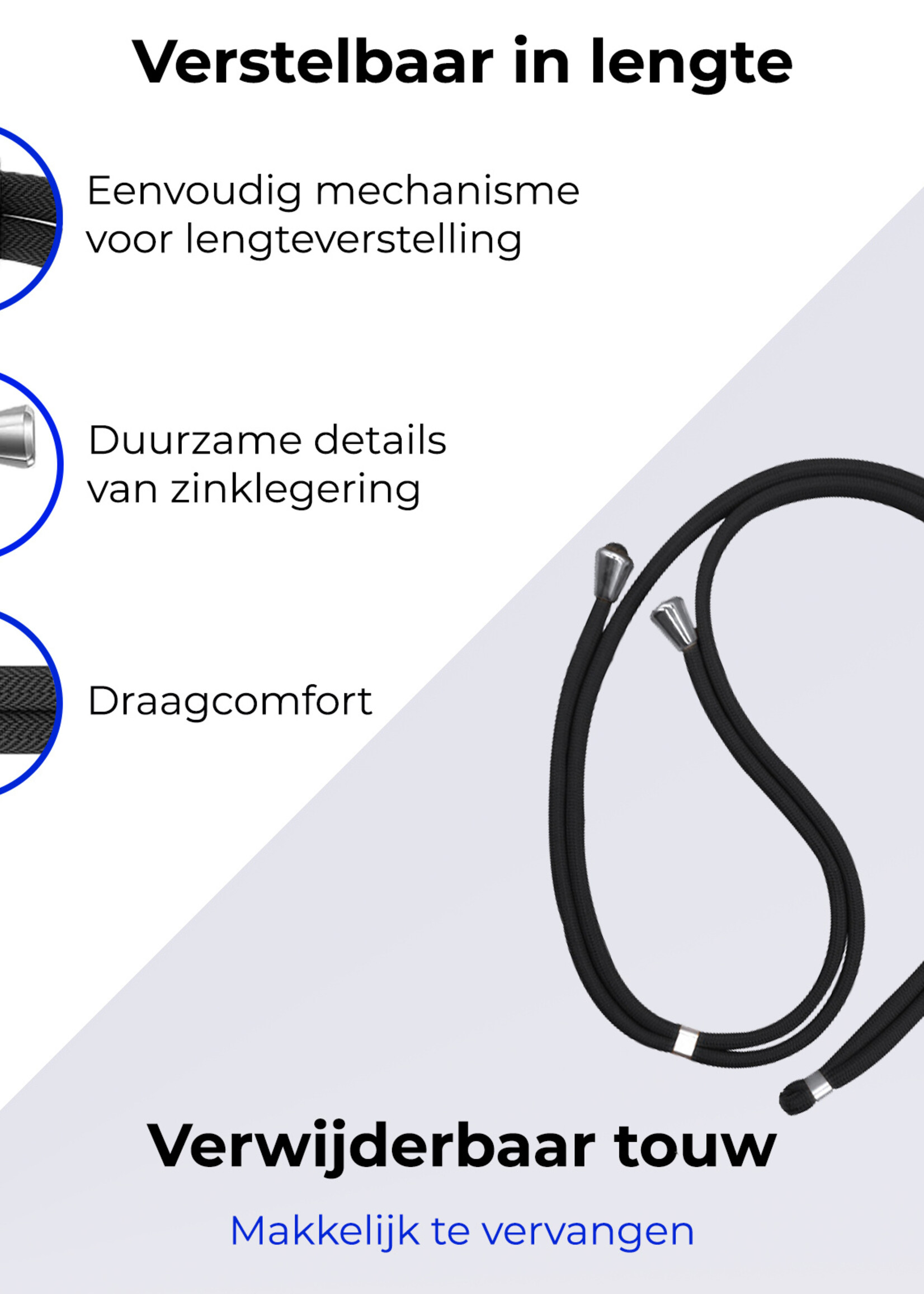 BTH Telefoonkoord Universeel Verstelbaar Telefoon Koord Telefoonkoorden Telefoonketting - 150 cm - Zwart