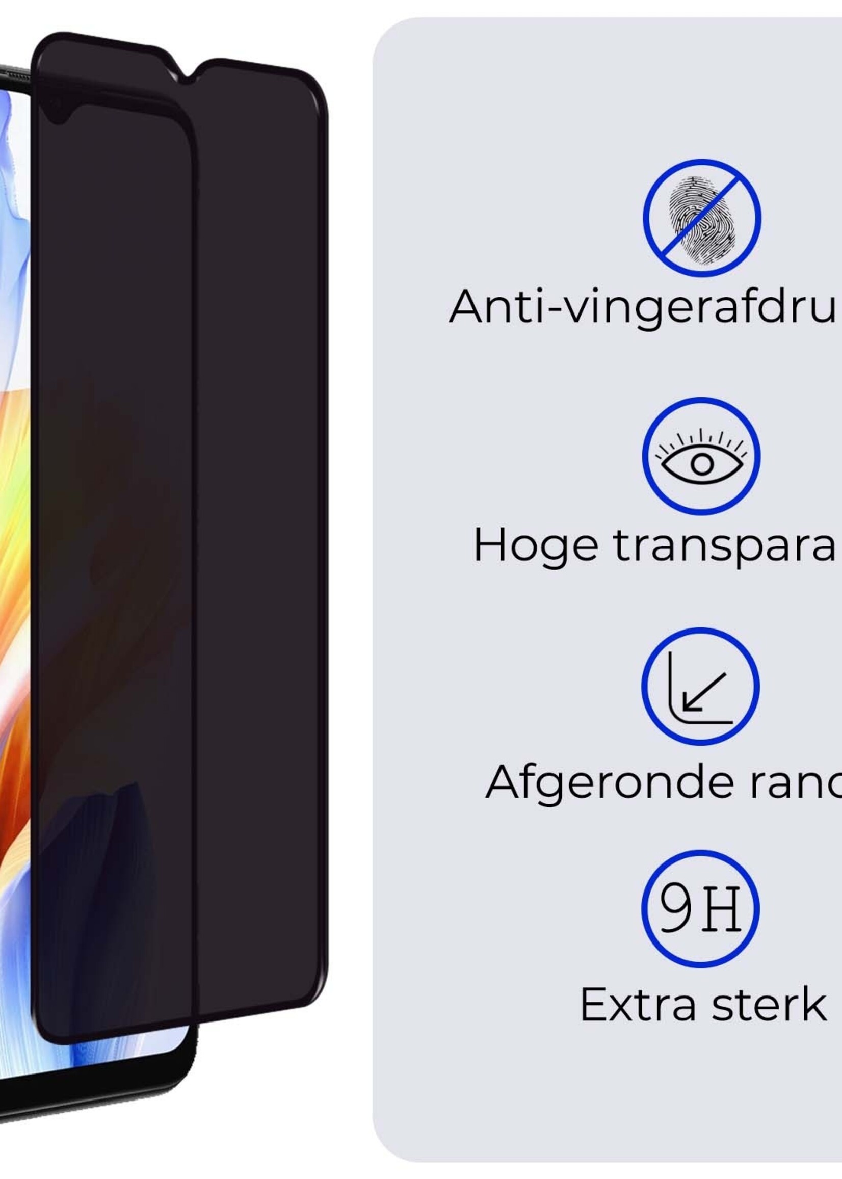 BTH Screenprotector Geschikt voor OPPO A18 Screenprotector Privacy Glas Gehard Full Cover - Screenprotector Geschikt voor OPPO A18 Screenprotector Privacy Tempered Glass