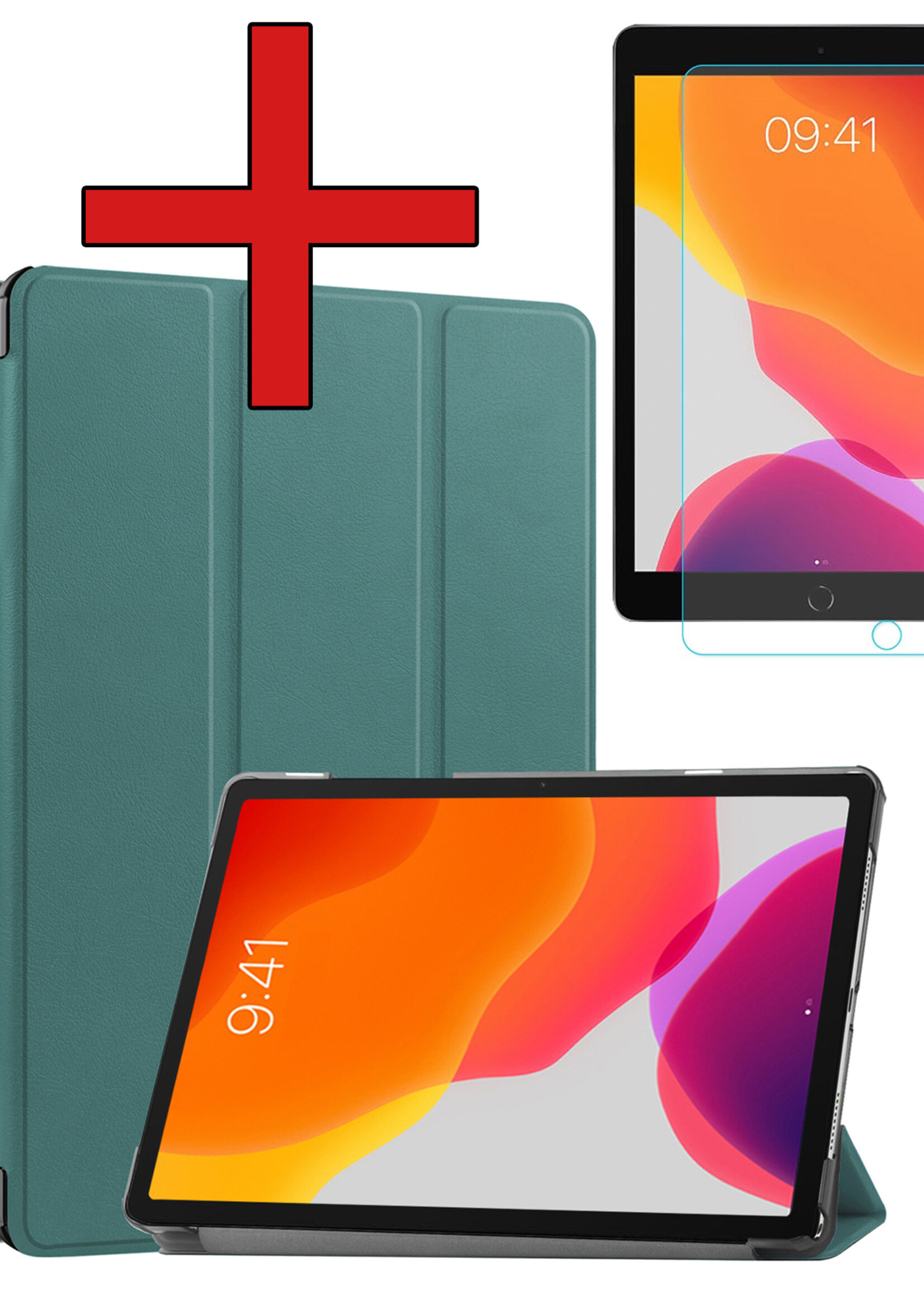 BTH Hoes Geschikt voor iPad 10.2 2019 Hoes Book Case Hoesje Trifold Cover Met Uitsparing Geschikt voor Apple Pencil Met Screenprotector - Hoesje Geschikt voor iPad 7 Hoesje Bookcase - Donkergroen