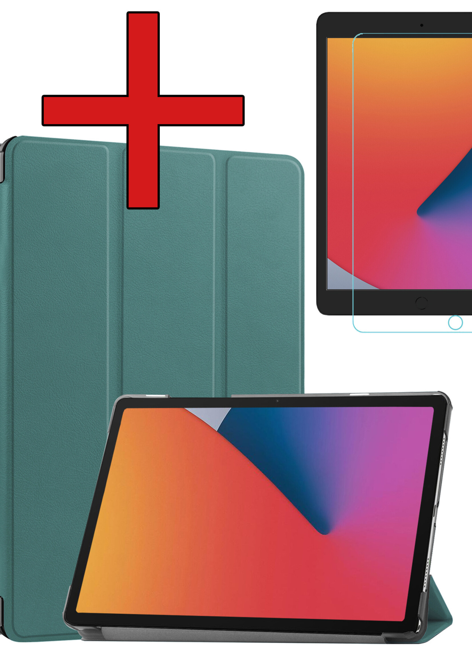 BTH Hoes Geschikt voor iPad 10.2 2020 Hoes Book Case Hoesje Trifold Cover Met Uitsparing Geschikt voor Apple Pencil Met Screenprotector - Hoesje Geschikt voor iPad 8 Hoesje Bookcase - Donkergroen