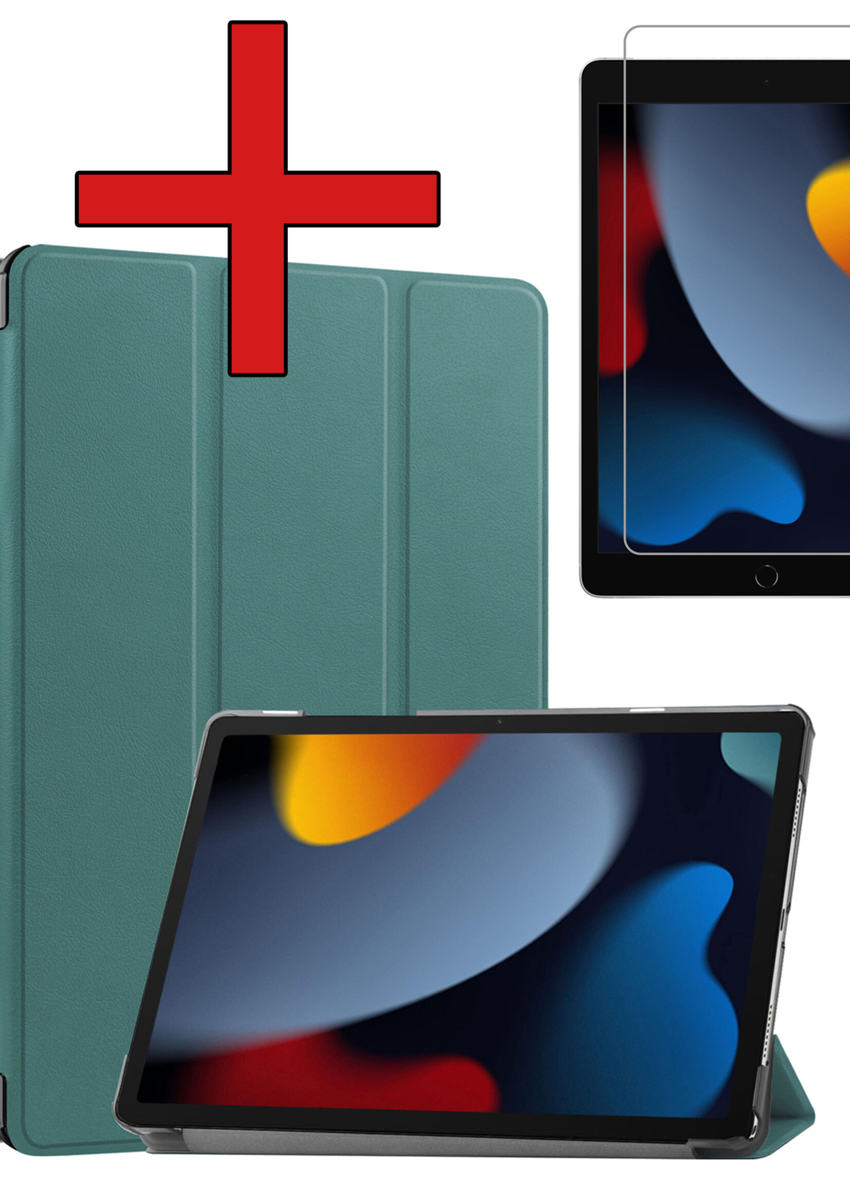 BTH Hoes Geschikt voor iPad 10.2 2021 Hoes Book Case Hoesje Trifold Cover Met Uitsparing Geschikt voor Apple Pencil Met Screenprotector - Hoesje Geschikt voor iPad 9 Hoesje Bookcase - Donkergroen