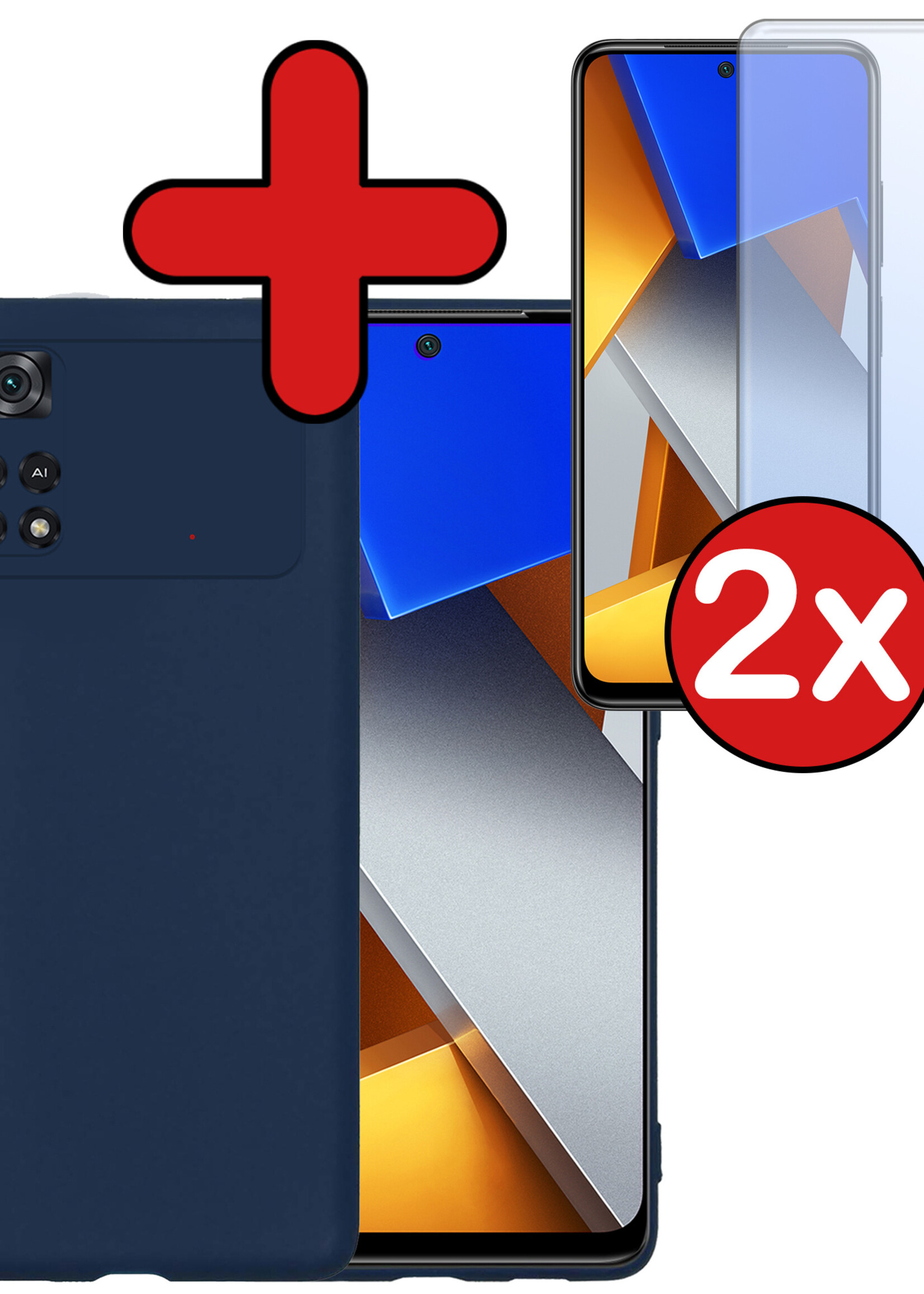 BTH Xiaomi Poco X4 Pro 5G Hoesje Siliconen Case Cover Met 2x Screenprotector - Xiaomi Poco X4 Pro 5G Hoesje Cover Hoes Siliconen - Donker Blauw