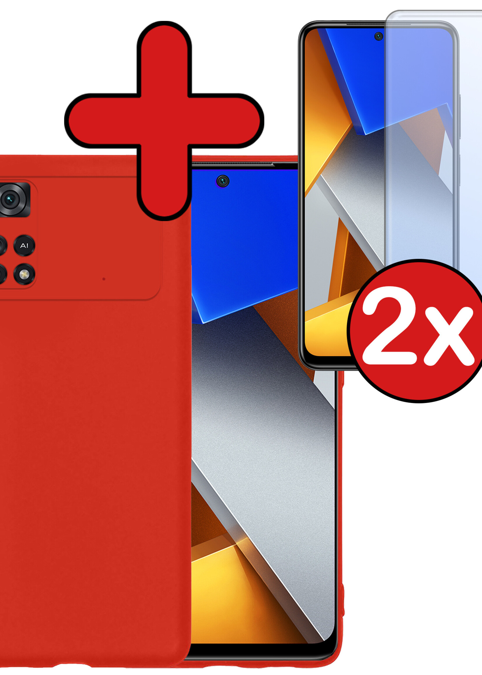 BTH Xiaomi Poco X4 Pro 5G Hoesje Siliconen Case Cover Met 2x Screenprotector - Xiaomi Poco X4 Pro 5G Hoesje Cover Hoes Siliconen - Rood