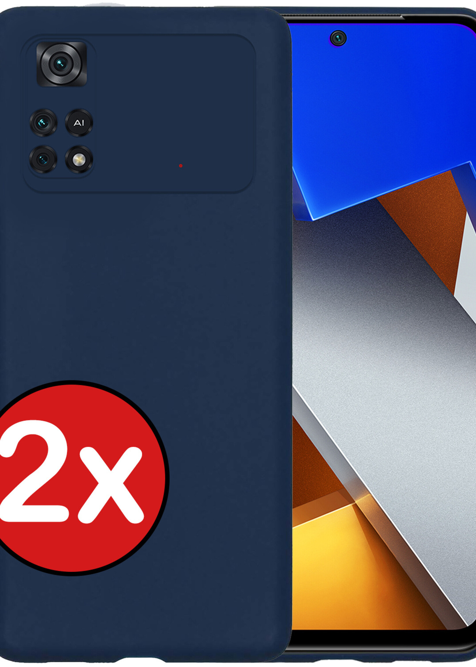 BTH Hoesje Geschikt voor Poco M4 Pro 4G Hoesje Siliconen Case Hoes - Hoes Geschikt voor Xiaomi Poco M4 Pro 4G Hoes Cover Case - Donkerblauw - 2 PACK