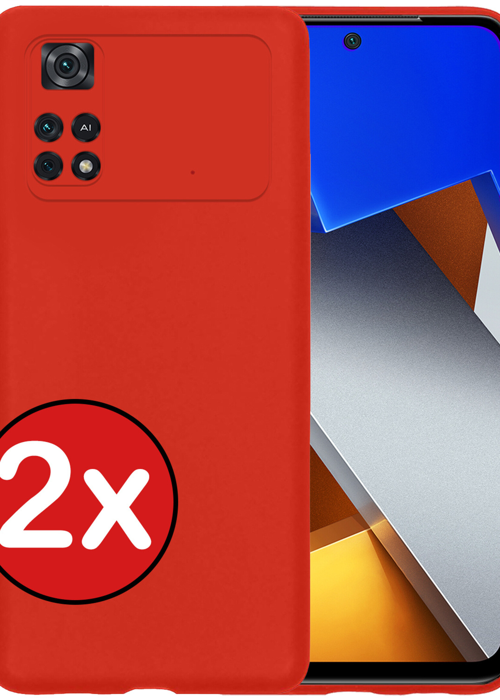 BTH Hoesje Geschikt voor Poco M4 Pro 4G Hoesje Siliconen Case Hoes - Hoes Geschikt voor Xiaomi Poco M4 Pro 4G Hoes Cover Case - Rood - 2 PACK