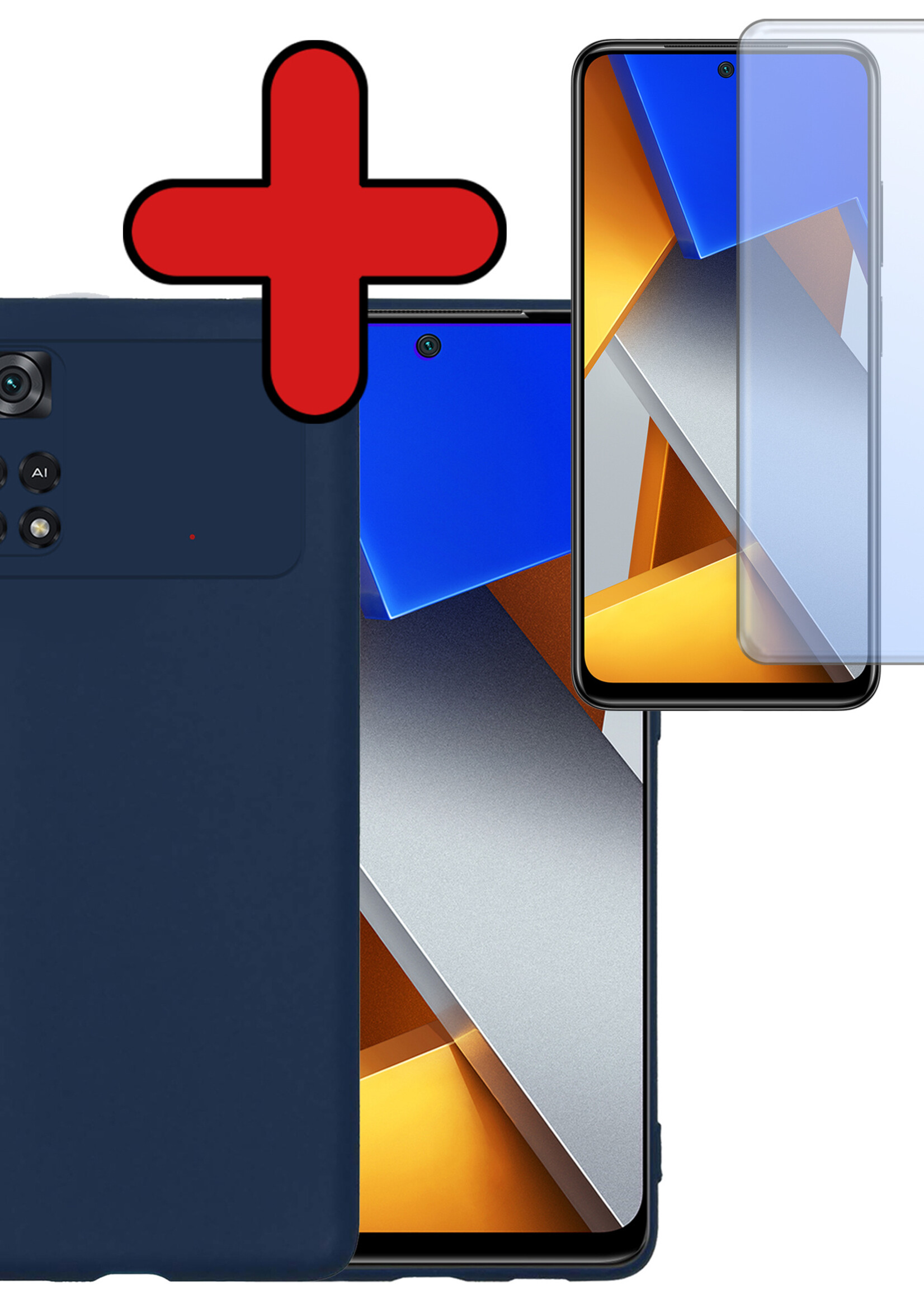 BTH Hoesje Geschikt voor Poco M4 Pro 4G Hoesje Siliconen Case Hoes Met Screenprotector - Hoes Geschikt voor Xiaomi Poco M4 Pro 4G Hoes Cover Case - Donkerblauw