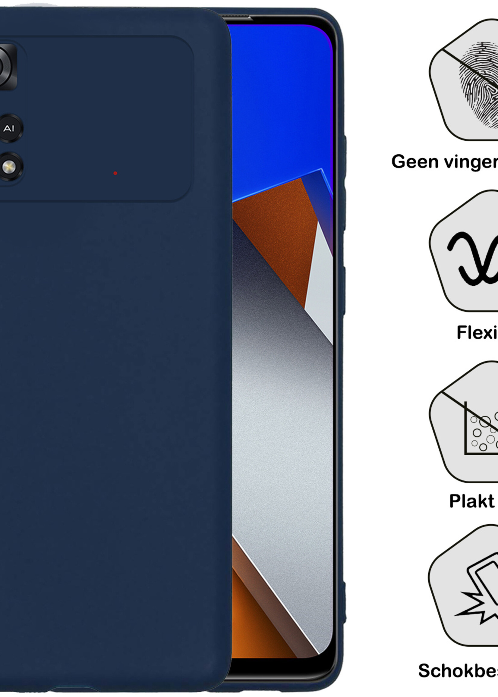 BTH Hoesje Geschikt voor Poco M4 Pro 4G Hoesje Siliconen Case Hoes Met Screenprotector - Hoes Geschikt voor Xiaomi Poco M4 Pro 4G Hoes Cover Case - Donkerblauw