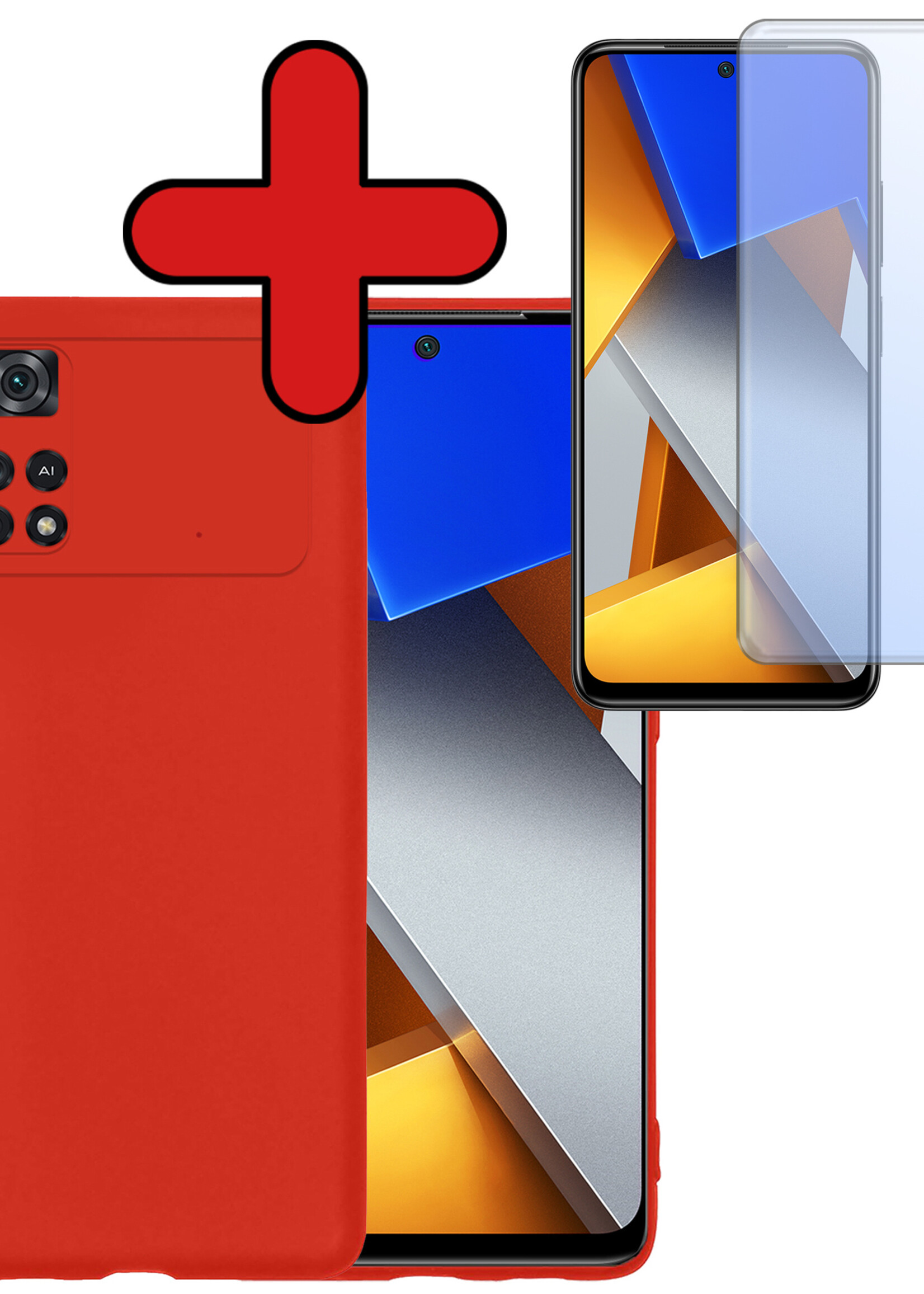 BTH Hoesje Geschikt voor Poco M4 Pro 4G Hoesje Siliconen Case Hoes Met Screenprotector - Hoes Geschikt voor Xiaomi Poco M4 Pro 4G Hoes Cover Case - Rood