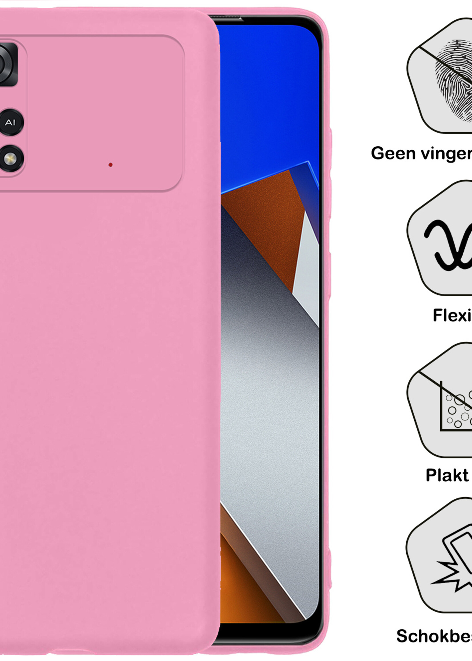 BTH Hoesje Geschikt voor Poco M4 Pro 4G Hoesje Siliconen Case Hoes Met Screenprotector - Hoes Geschikt voor Xiaomi Poco M4 Pro 4G Hoes Cover Case - Lichtroze