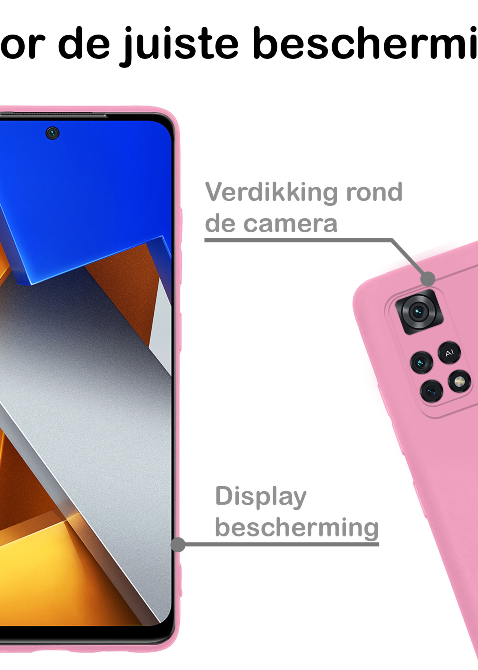 BTH Hoesje Geschikt voor Poco M4 Pro 4G Hoesje Siliconen Case Hoes Met Screenprotector - Hoes Geschikt voor Xiaomi Poco M4 Pro 4G Hoes Cover Case - Lichtroze