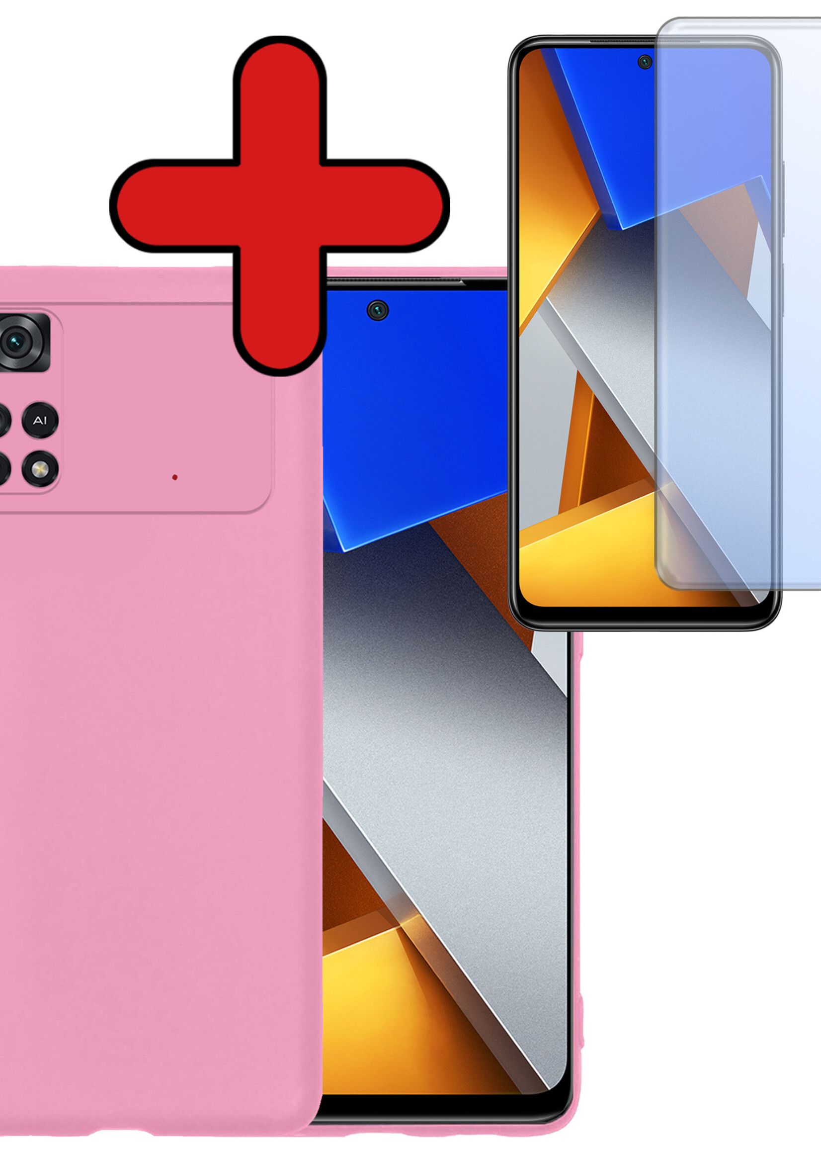 BTH Hoesje Geschikt voor Poco M4 Pro 4G Hoesje Siliconen Case Hoes Met Screenprotector - Hoes Geschikt voor Xiaomi Poco M4 Pro 4G Hoes Cover Case - Lichtroze