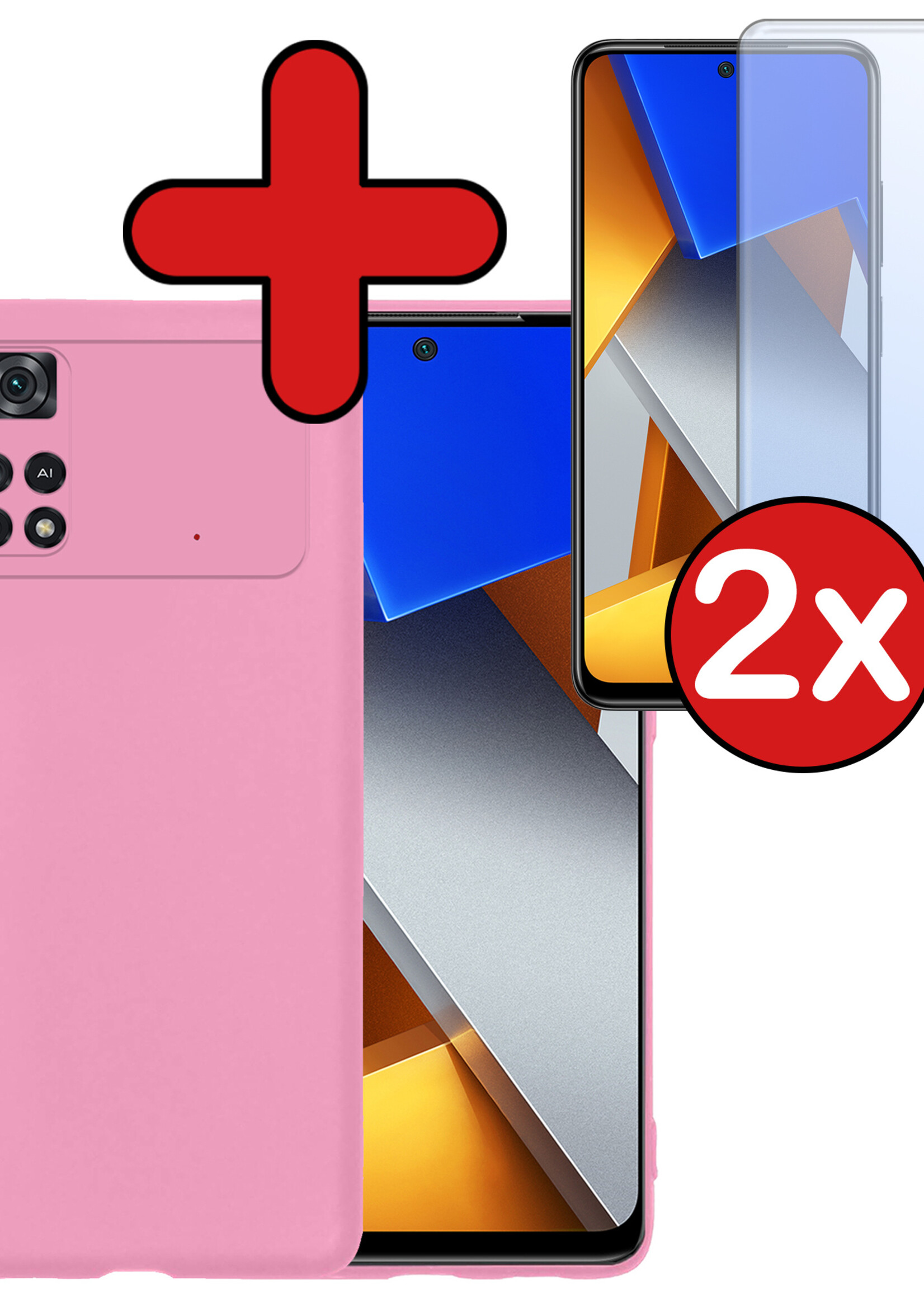 BTH Hoesje Geschikt voor Poco M4 Pro 4G Hoesje Siliconen Case Hoes Met 2x Screenprotector - Hoes Geschikt voor Xiaomi Poco M4 Pro 4G Hoes Cover Case - Lichtroze