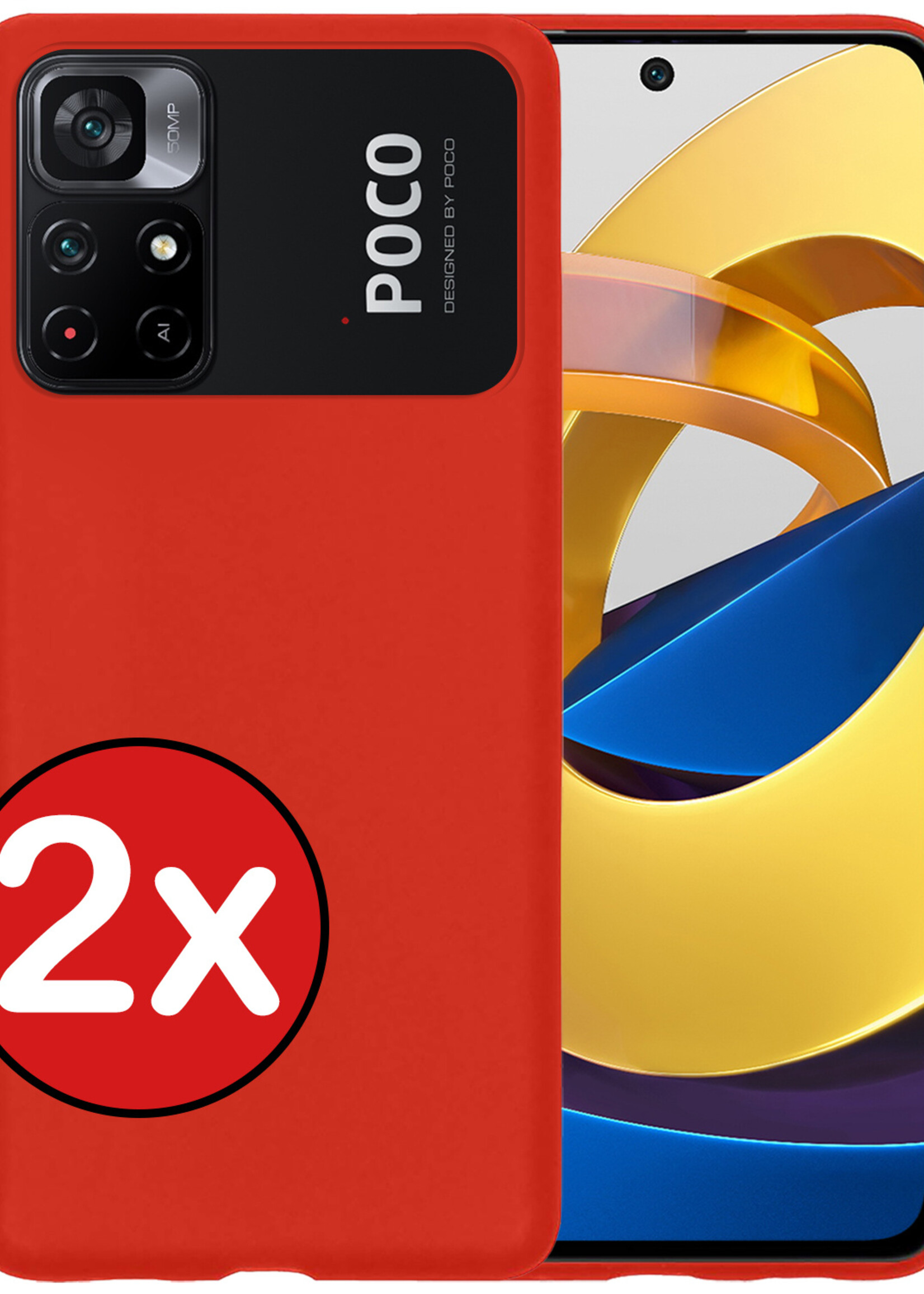 BTH Hoesje Geschikt voor Xiaomi Poco M4 Pro 5G Hoesje Siliconen Case Hoes - Hoes Geschikt voor Xiaomi Poco M4 Pro 5G Hoes Cover Case - Rood - 2 PACK