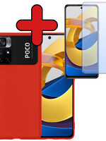 BTH BTH Xiaomi Poco M4 Pro 5G Hoesje Siliconen Met Screenprotector - Rood