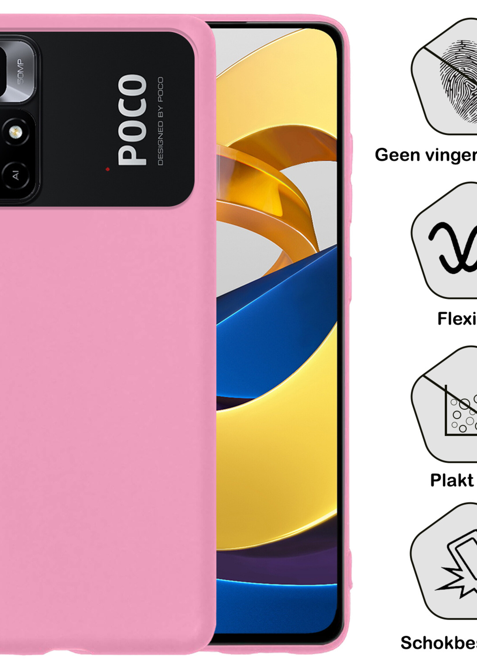 BTH Hoesje Geschikt voor Xiaomi Poco M4 Pro 5G Hoesje Siliconen Case Hoes Met Screenprotector - Hoes Geschikt voor Xiaomi Poco M4 Pro 5G Hoes Cover Case - Lichtroze