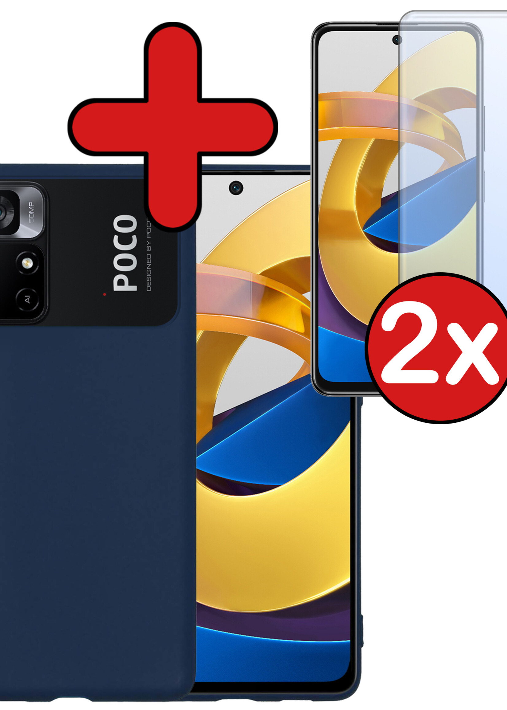 BTH Hoesje Geschikt voor Xiaomi Poco M4 Pro 5G Hoesje Siliconen Case Hoes Met 2x Screenprotector - Hoes Geschikt voor Xiaomi Poco M4 Pro 5G Hoes Cover Case - Donkerblauw