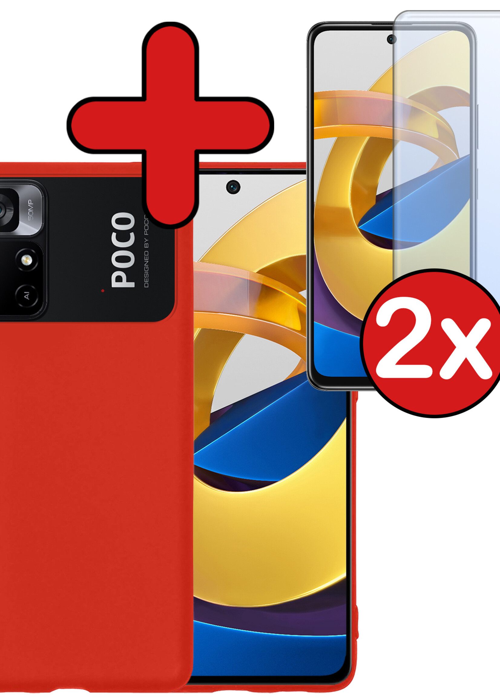 BTH Hoesje Geschikt voor Xiaomi Poco M4 Pro 5G Hoesje Siliconen Case Hoes Met 2x Screenprotector - Hoes Geschikt voor Xiaomi Poco M4 Pro 5G Hoes Cover Case - Rood