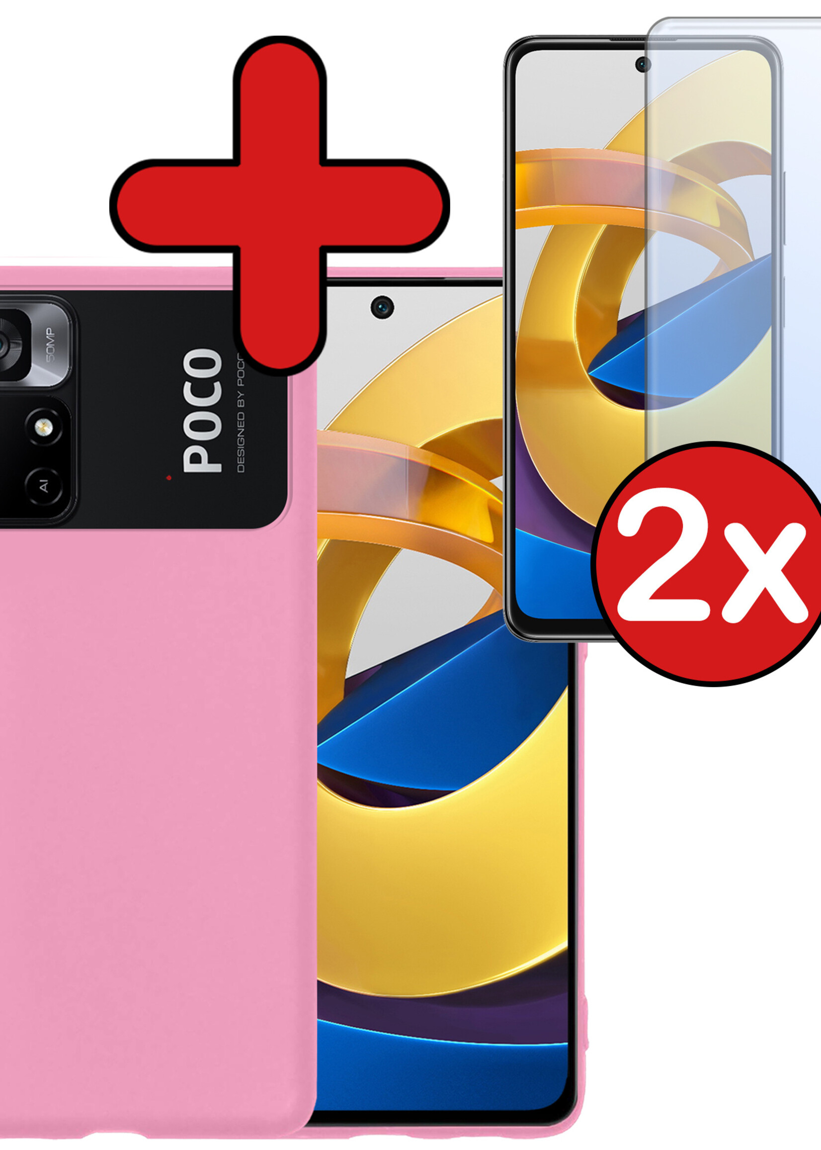 BTH Hoesje Geschikt voor Xiaomi Poco M4 Pro 5G Hoesje Siliconen Case Hoes Met 2x Screenprotector - Hoes Geschikt voor Xiaomi Poco M4 Pro 5G Hoes Cover Case - Lichtroze