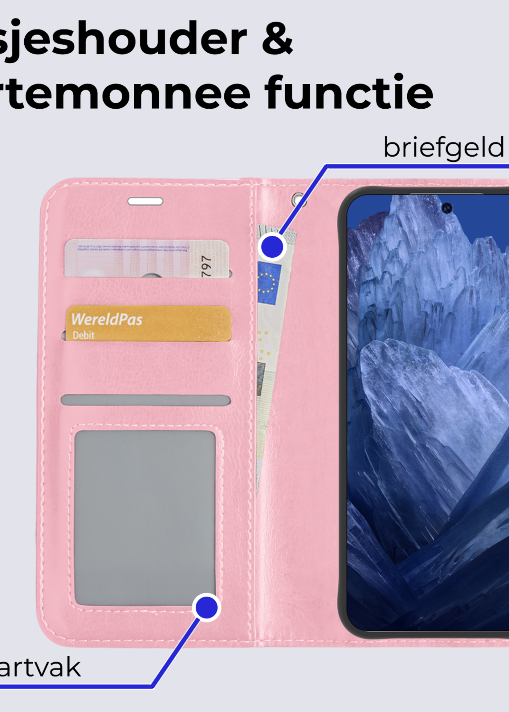 BTH Hoesje Geschikt voor Google Pixel 8a Hoesje Book Case Hoes Portemonnee Cover Walletcase - Hoes Geschikt voor Google Pixel 8a Hoes Bookcase Hoesje - Lichtroze