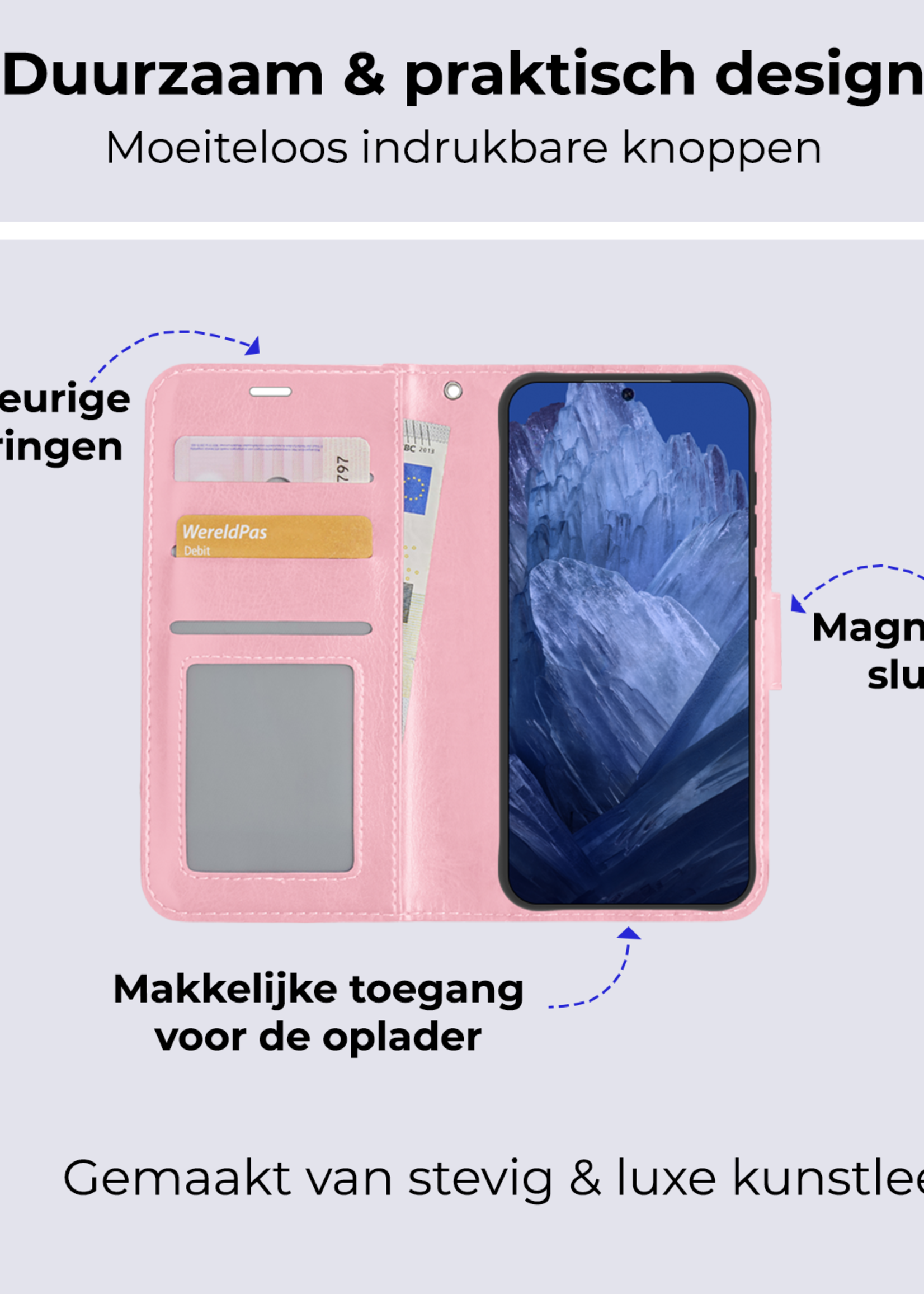 BTH Hoesje Geschikt voor Google Pixel 8a Hoesje Book Case Hoes Portemonnee Cover Walletcase - Hoes Geschikt voor Google Pixel 8a Hoes Bookcase Hoesje - Lichtroze