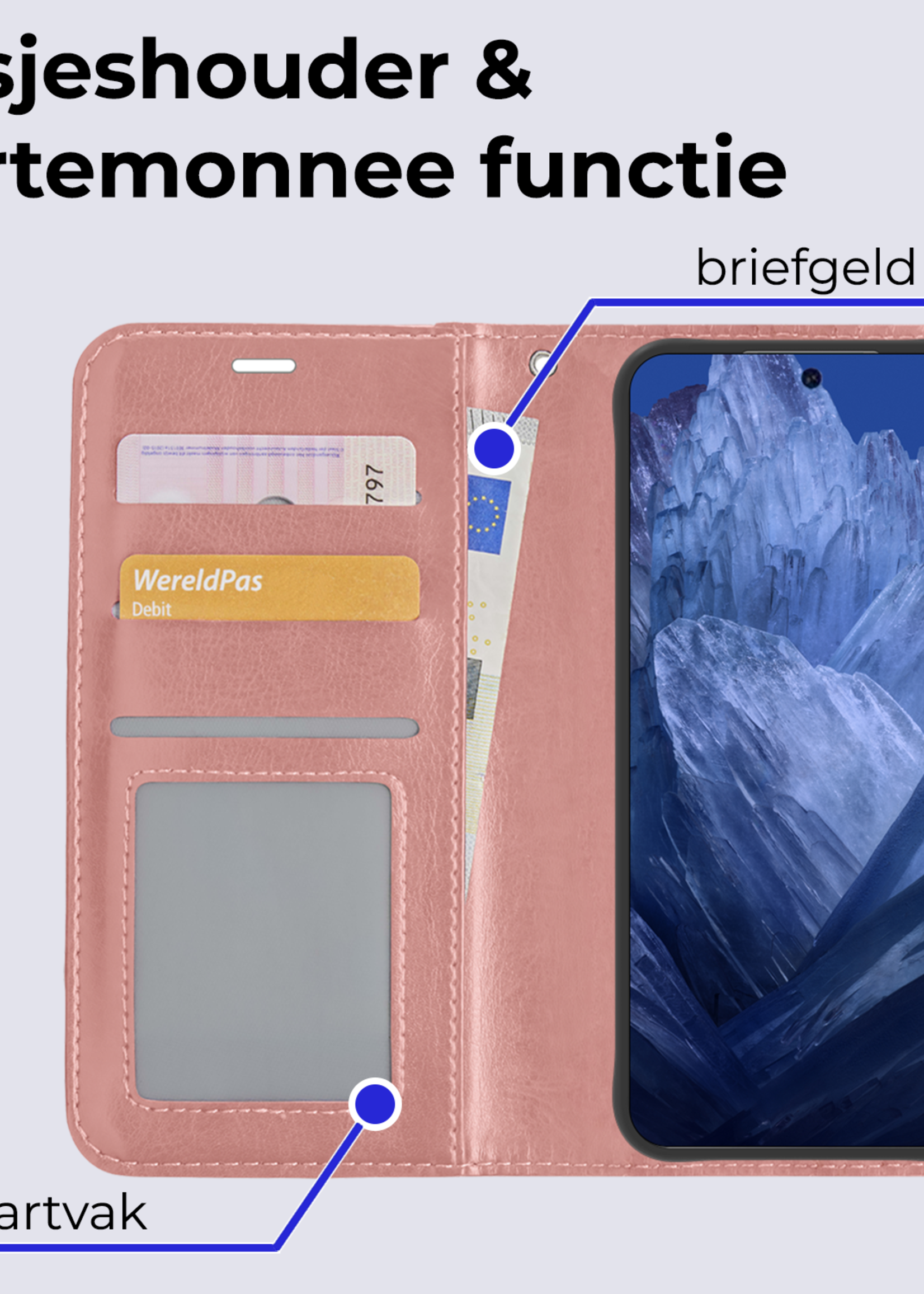 BTH Hoesje Geschikt voor Google Pixel 8a Hoesje Book Case Hoes Portemonnee Cover Walletcase - Hoes Geschikt voor Google Pixel 8a Hoes Bookcase Hoesje - Rosé goud