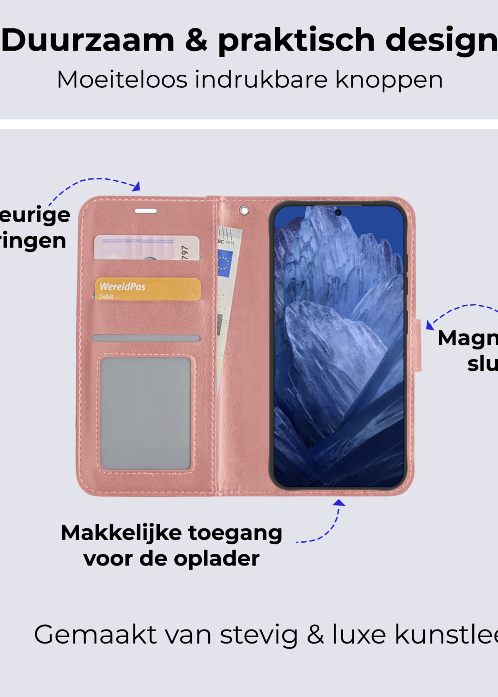 BTH Hoesje Geschikt voor Google Pixel 8a Hoesje Book Case Hoes Portemonnee Cover Walletcase - Hoes Geschikt voor Google Pixel 8a Hoes Bookcase Hoesje - Rosé goud